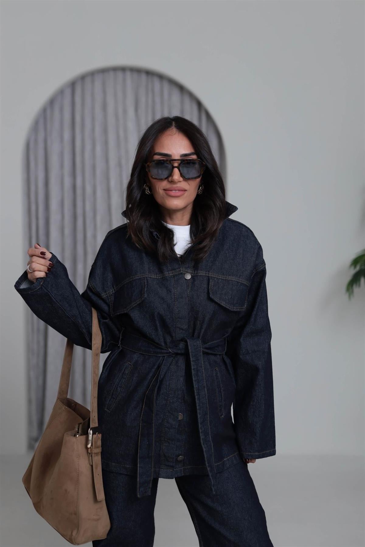 7653 Gizli Düğmeli Kuşaklı Cepli Denim Takım LACİVERT