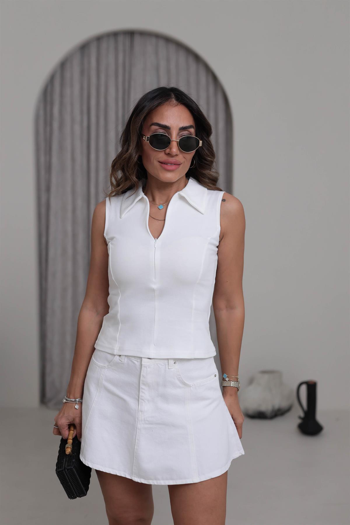 5185 Sıfır Kol Polo Yaka Tshirt EKRU