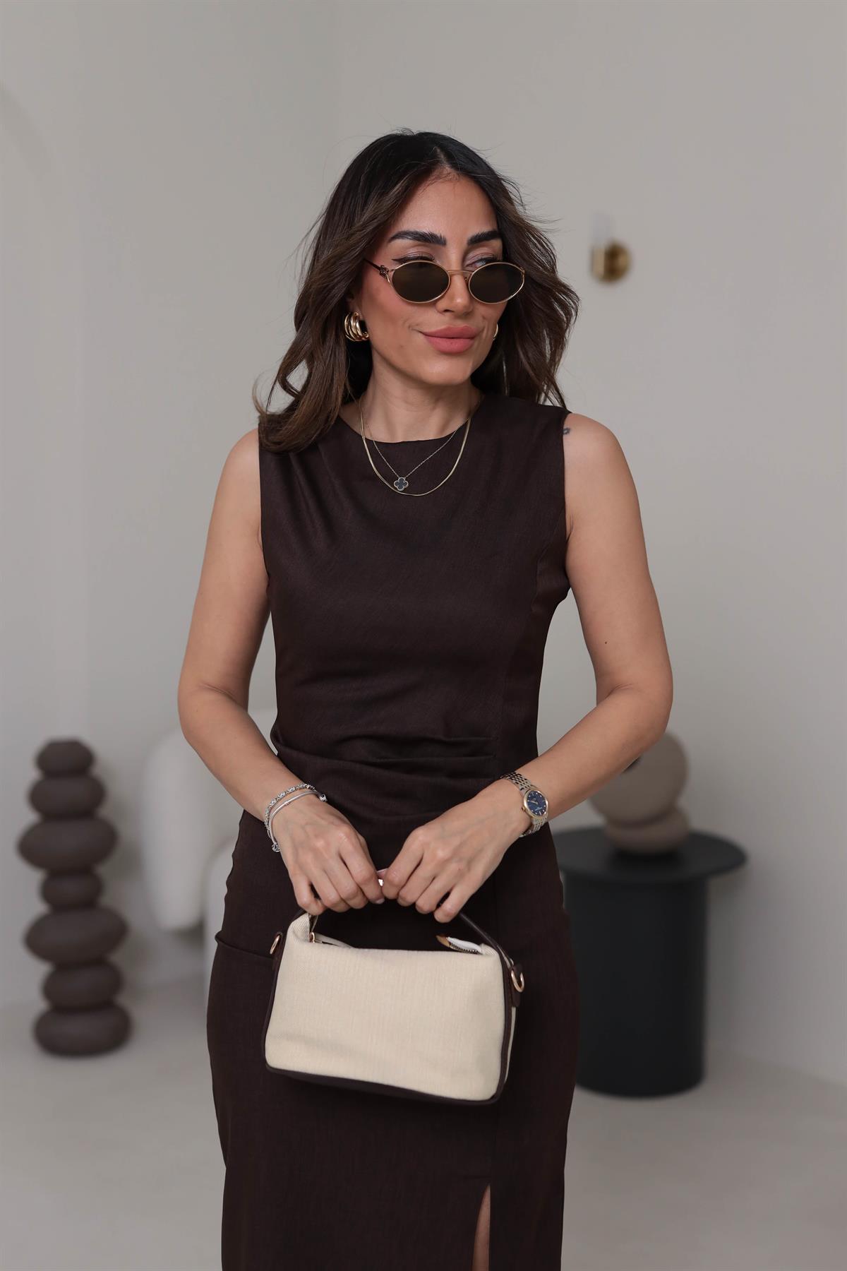 3724 Sıfır Kol Drape Detaylı Yırtmaçlı Elbise ACI KAHVE