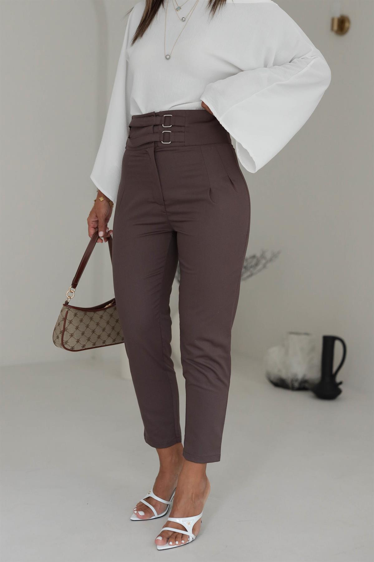 Çift Kemerli Yüksek Bel Pantolon