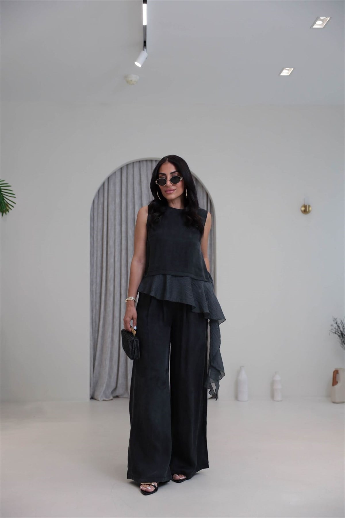 1391 Yandan Bağlamalı Tencel Kolsuz Bluz Pantolon Takım ANTRASİT