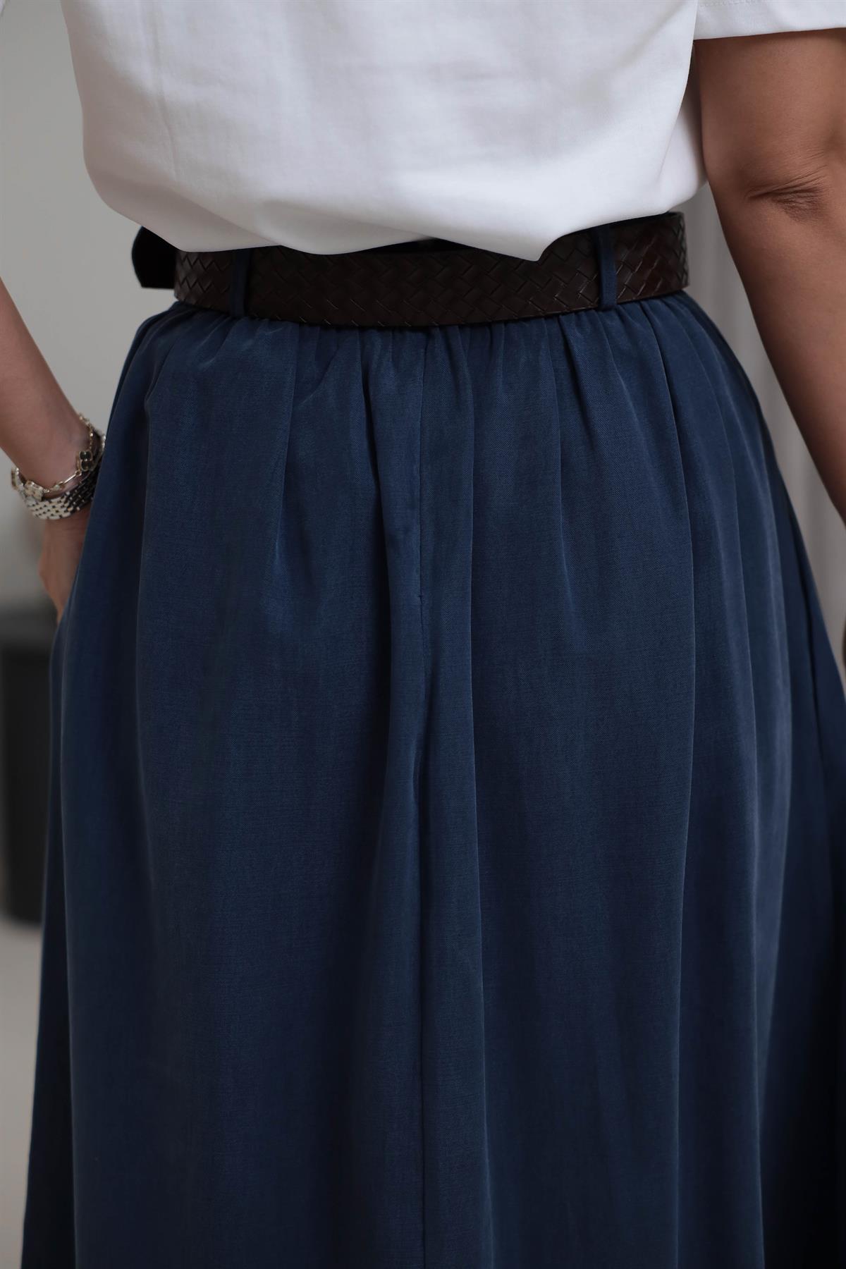 0727 Kemerli Tencel Etek Indigo