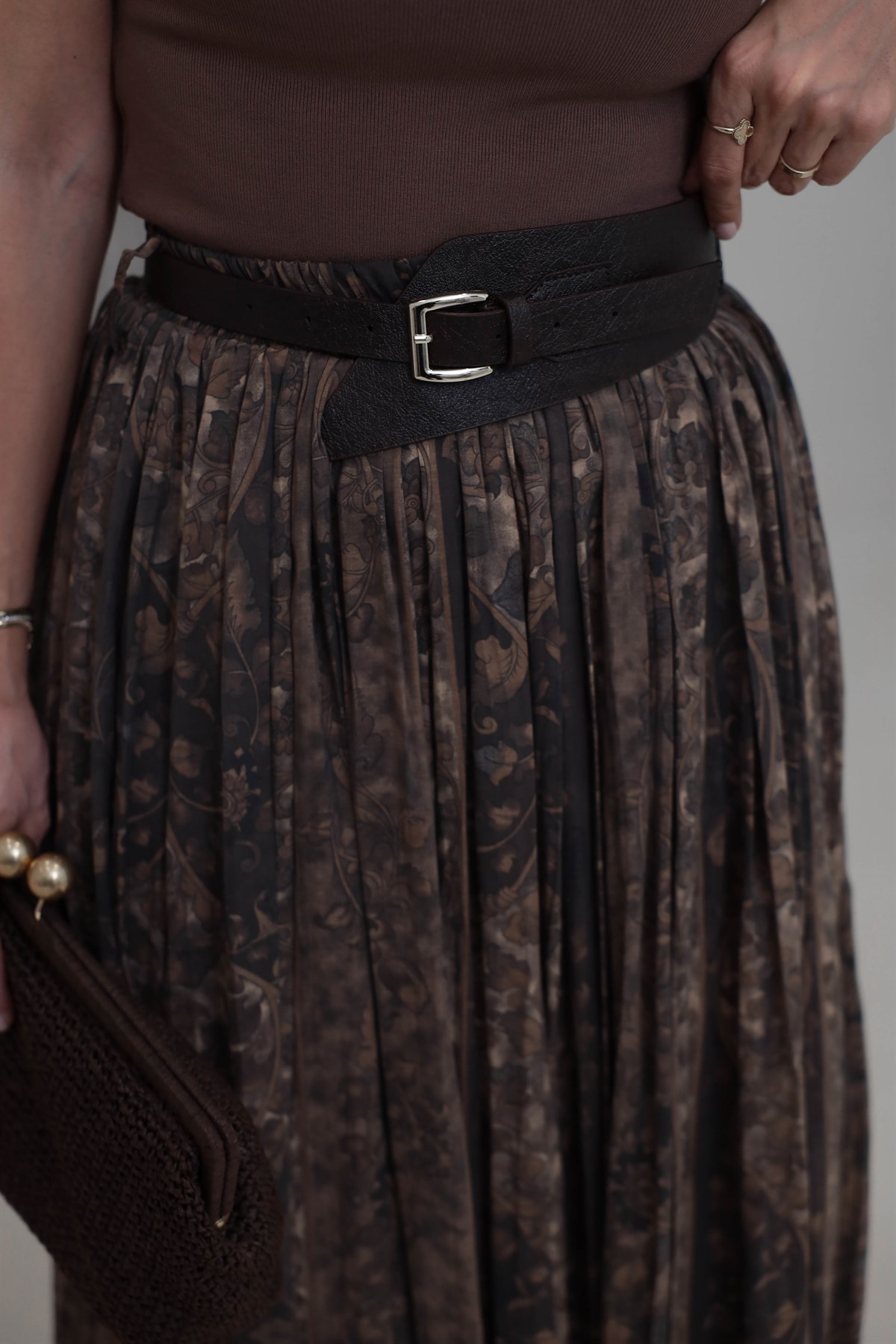 3374 Kemerli Pliseli Desenli Maxi Etek KAHVE