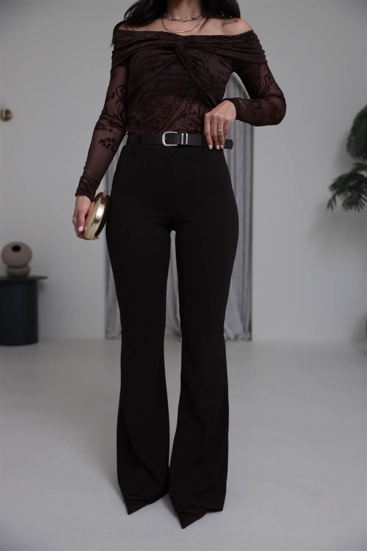 1741 Kemerli Likralı Kumaş Pantolon KAHVE