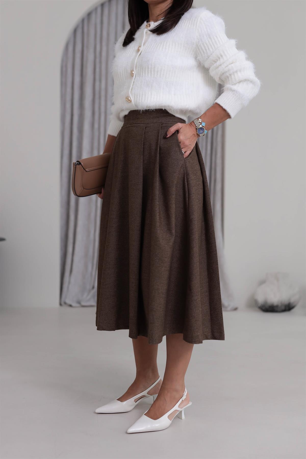5152 Geniş Pileli Midi Etek KAHVE