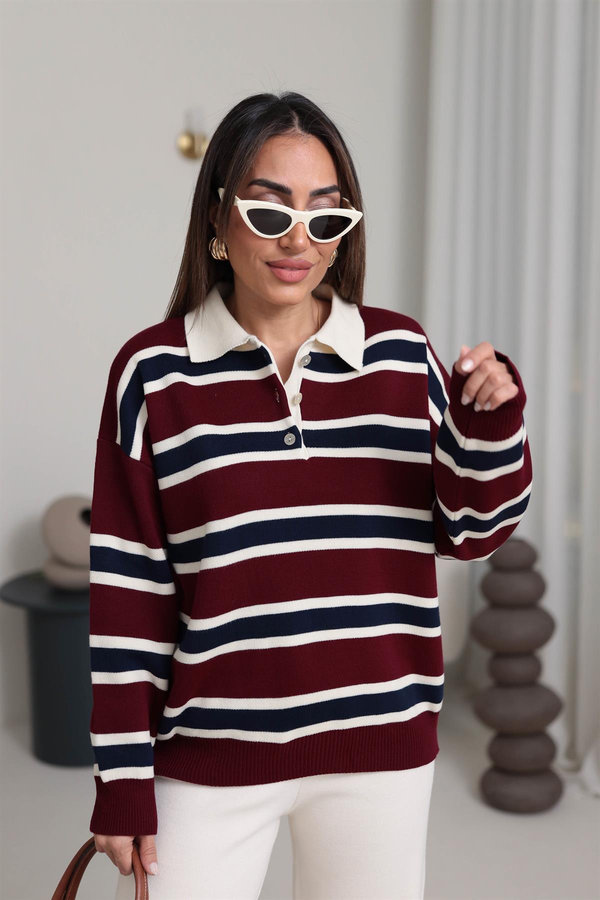 2433 Polo Yaka Çizgili Düğmeli Triko BORDO-LACİ