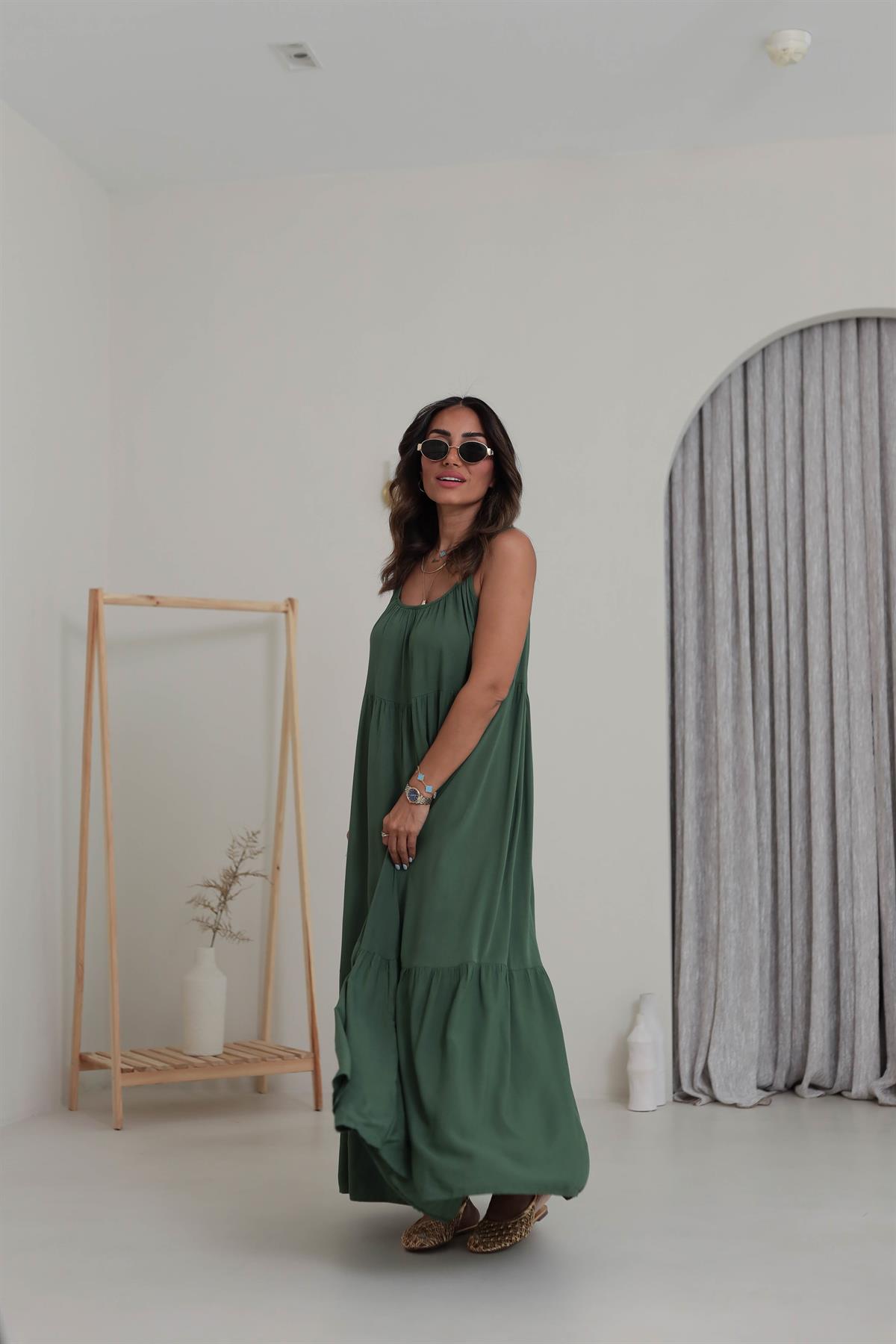 1387 Askıları Ayarlanabilir Viskon Maxi Elbise HAKİ YEŞİL