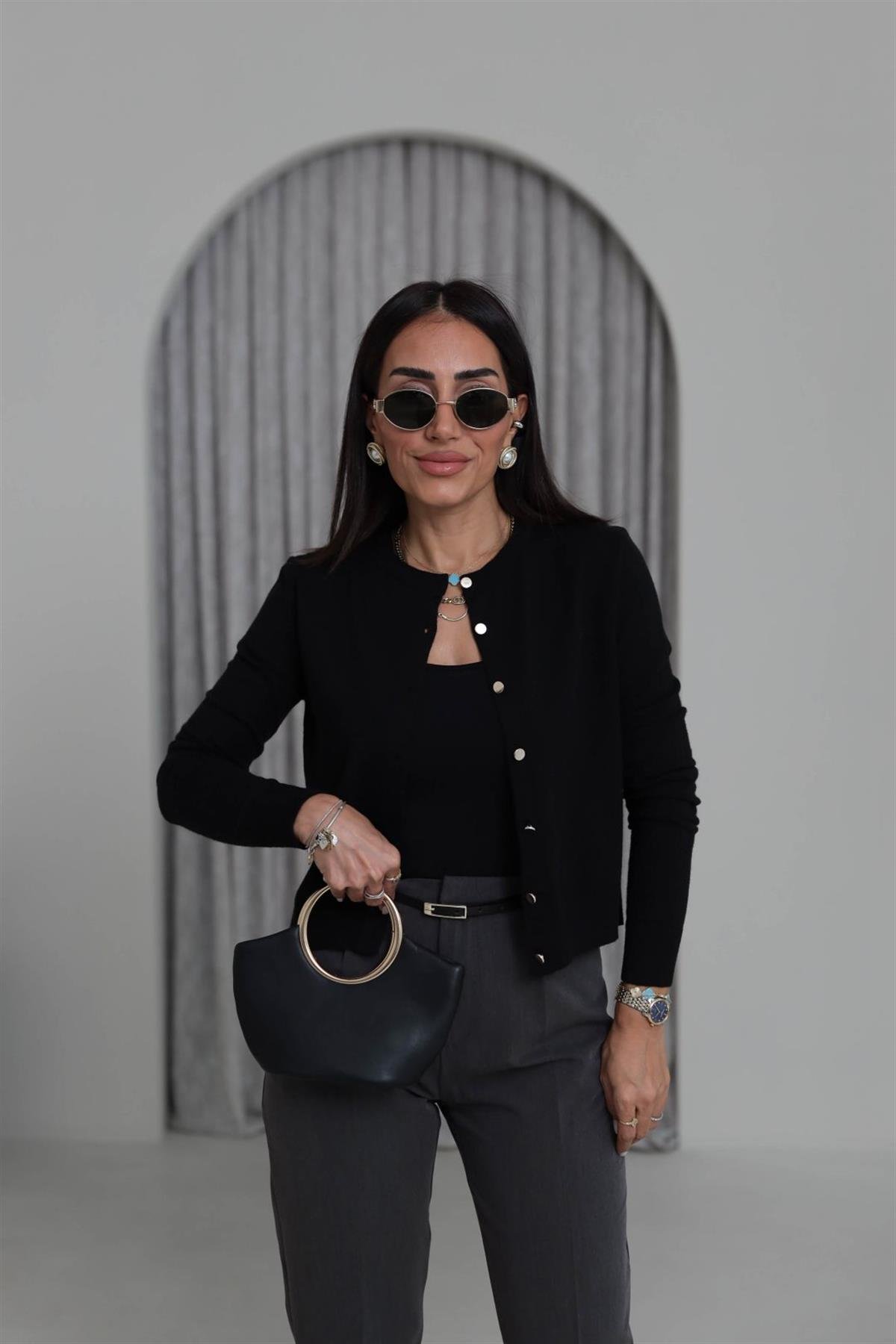 587 Gold Düğme Detaylı İnce Triko Hırka SİYAH