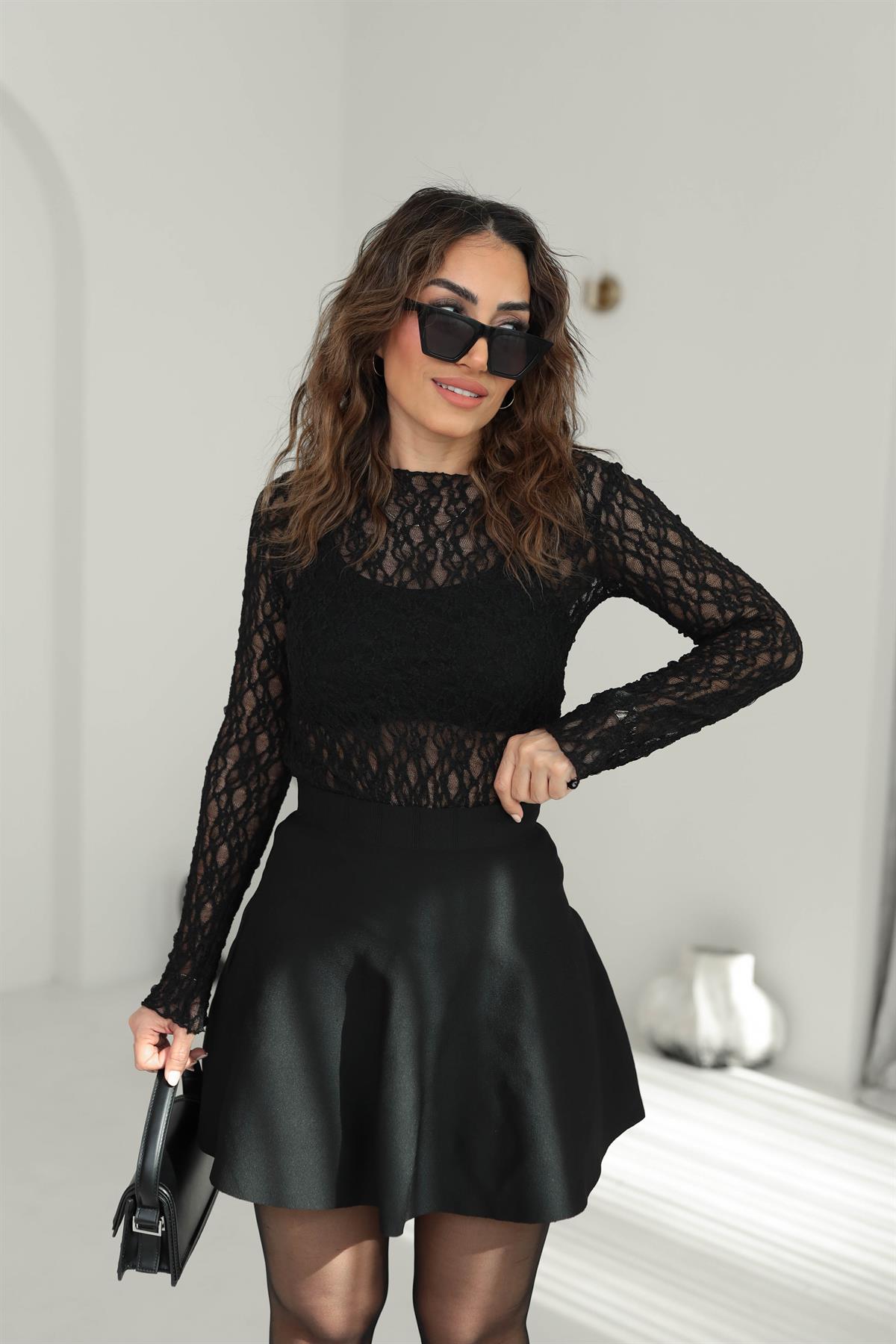 1001 Dantelli Likralı Bluz SİYAH