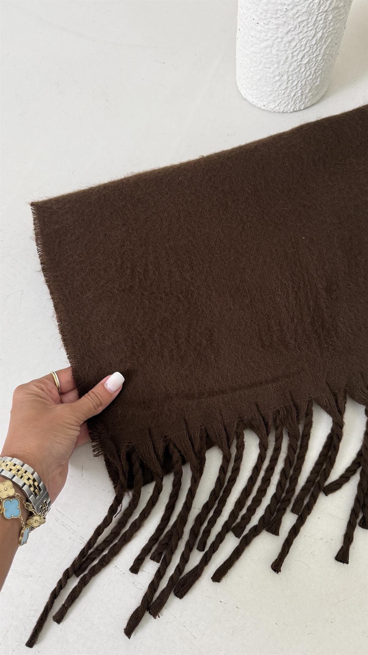 Kaşmir Yün Püsküllü Şal KAHVE