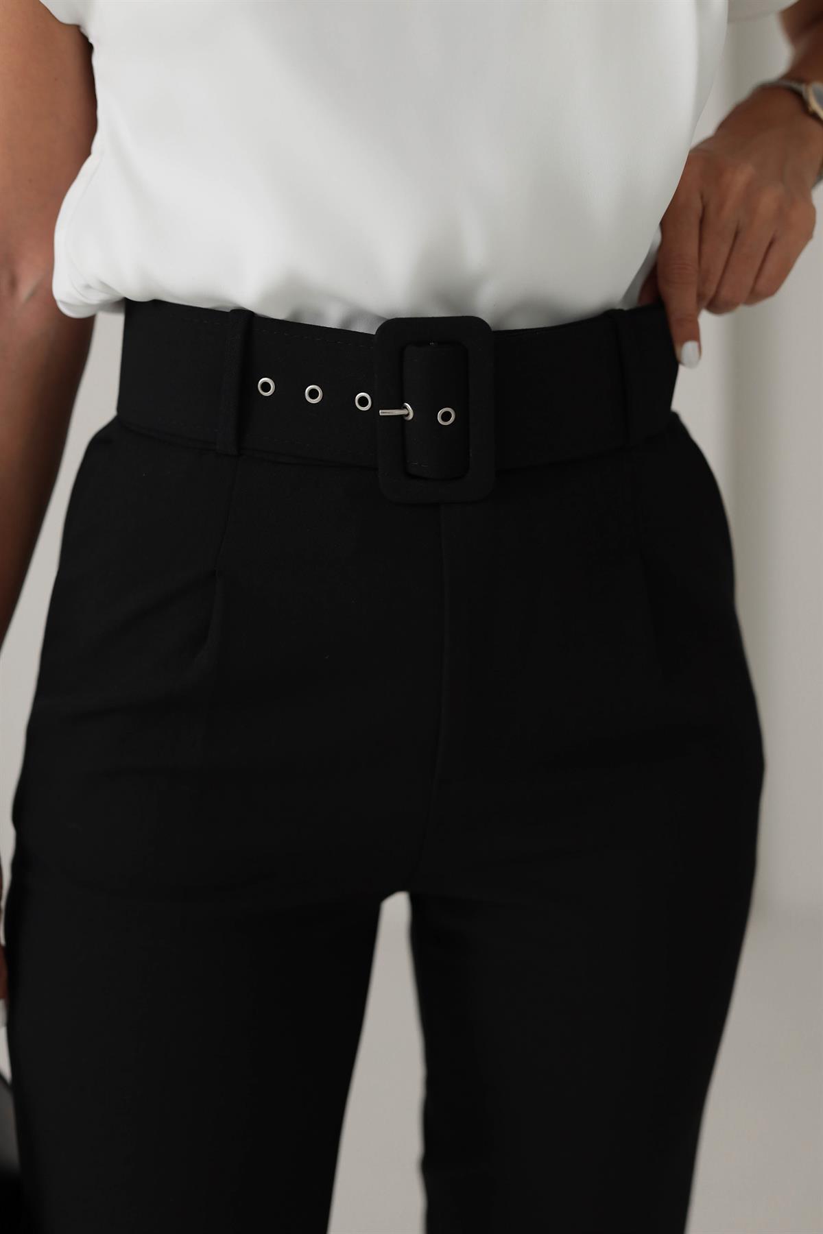 4096 Kemerli Kumaş Pantolon SİYAH