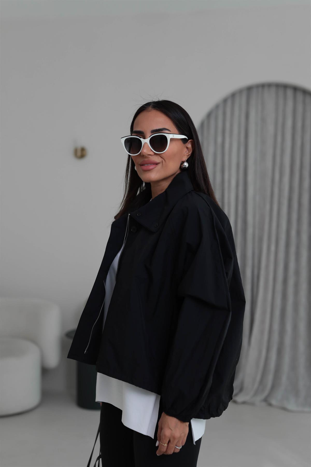 6721 Dik Yaka Düğmeli Fermuarlı Bomber Ceket SİYAH