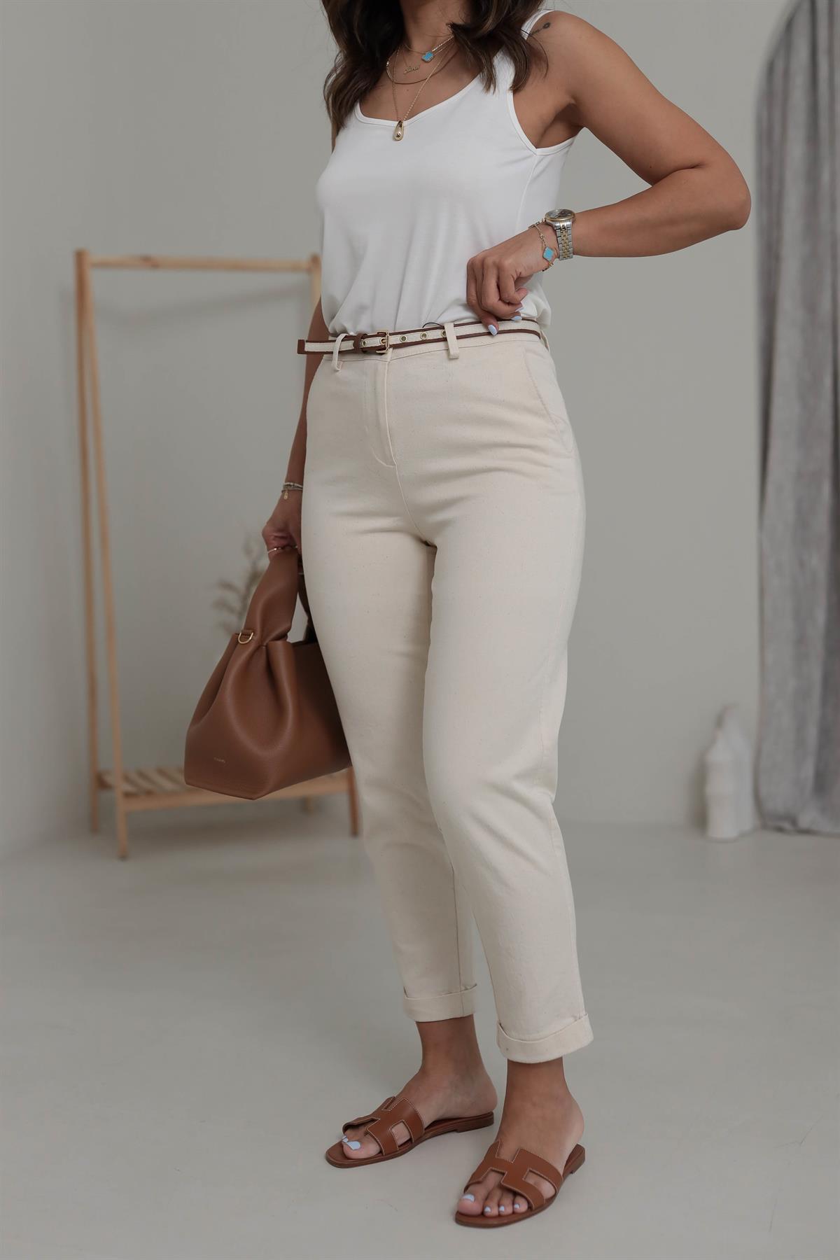 1651 Kemerli Pamuklu Likralı Chino Pantolon TAŞ