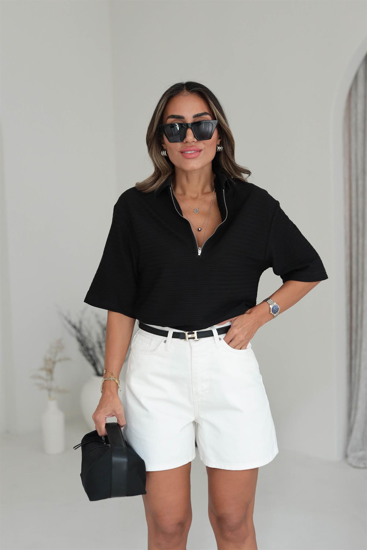 Polo Yaka Önden Fermuarlı Ajurlu Dokulu Tshirt