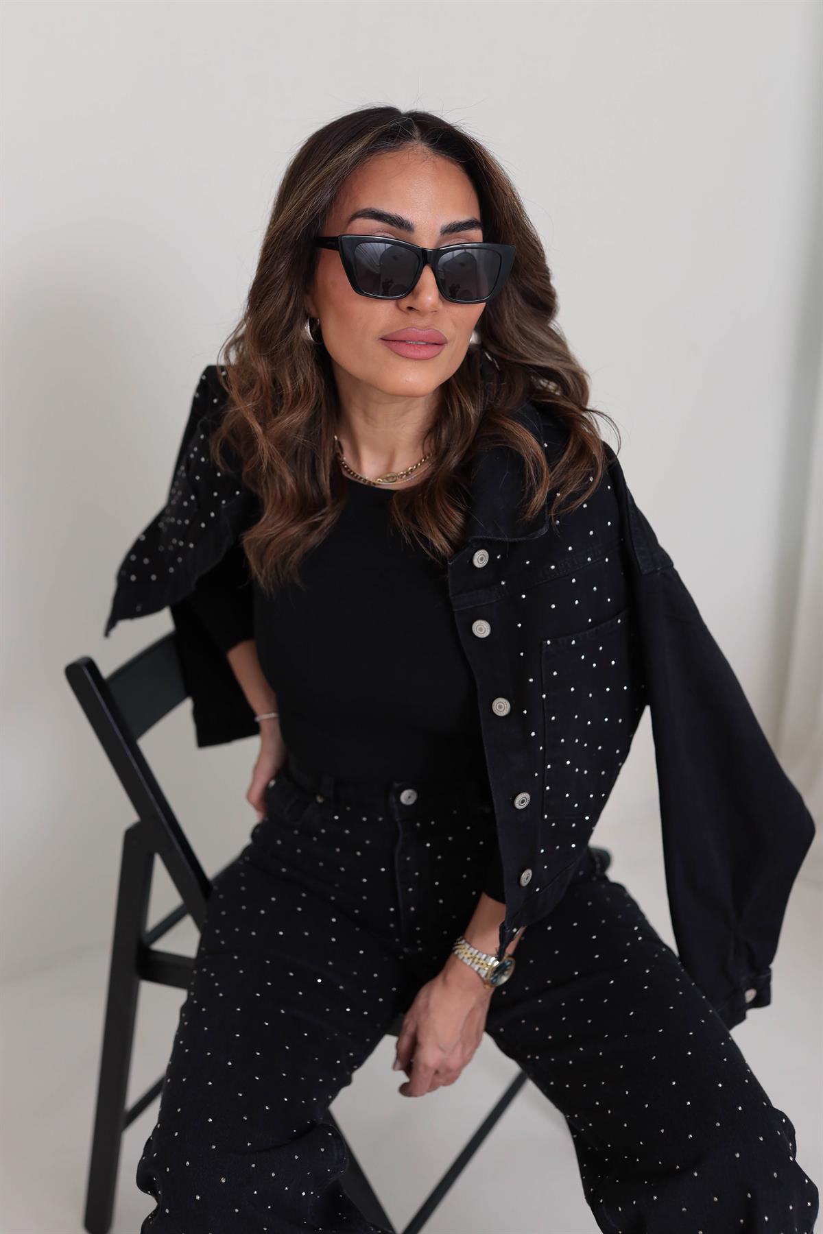 5038 Önü Taşlı Kot Ceket FÜME