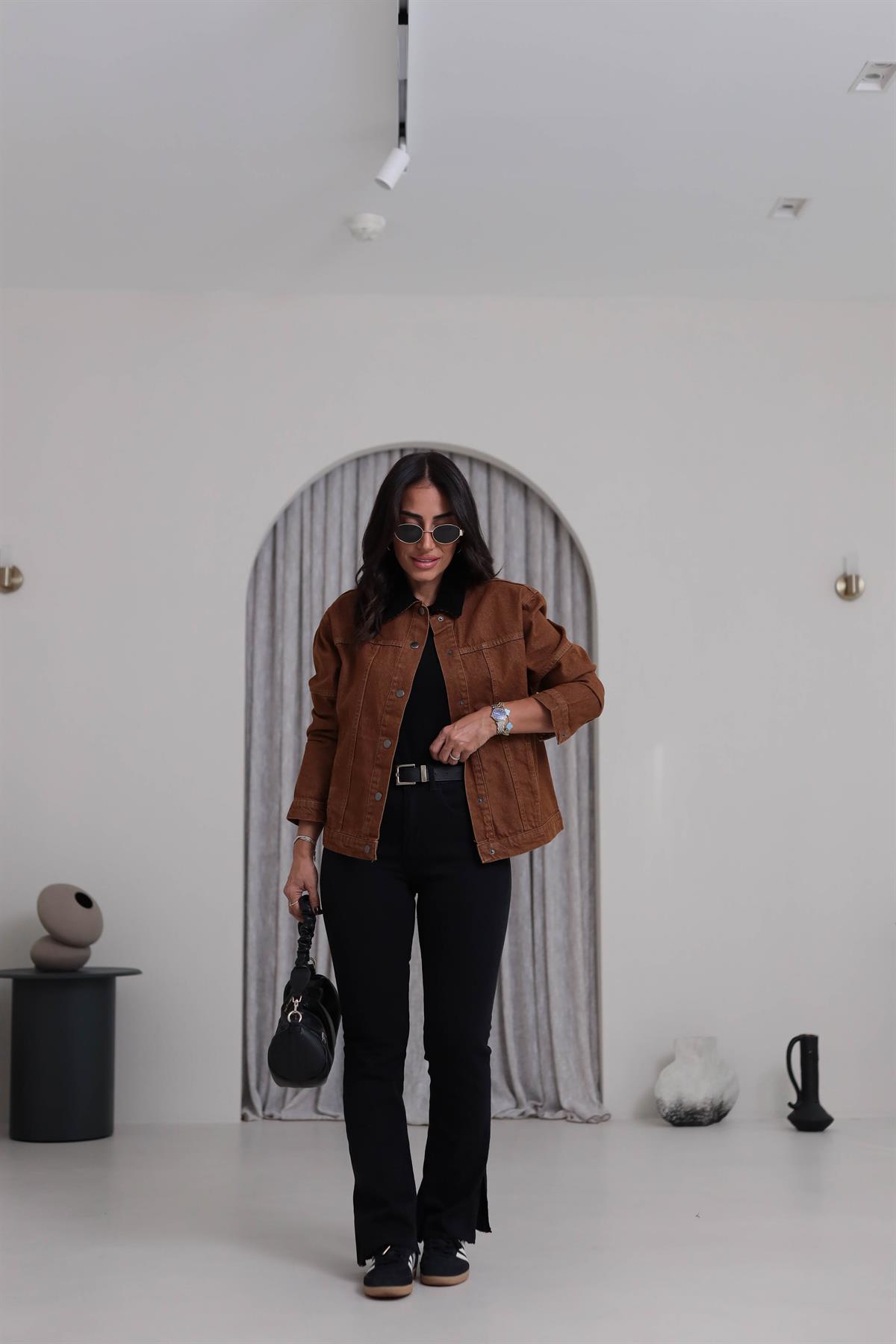 5561 Siyah Kadife Yaka Kot Ceket TABA