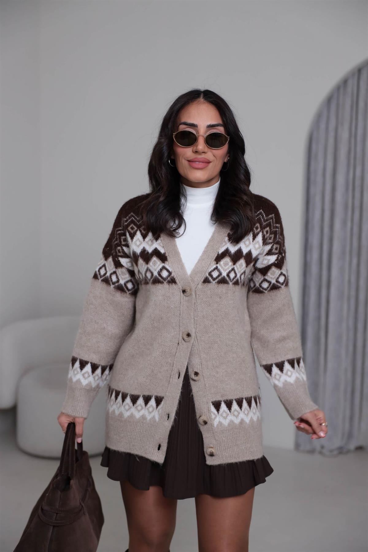 0174 Desenli V Yaka Yünlü Hırka SÜTLÜ KAHVE