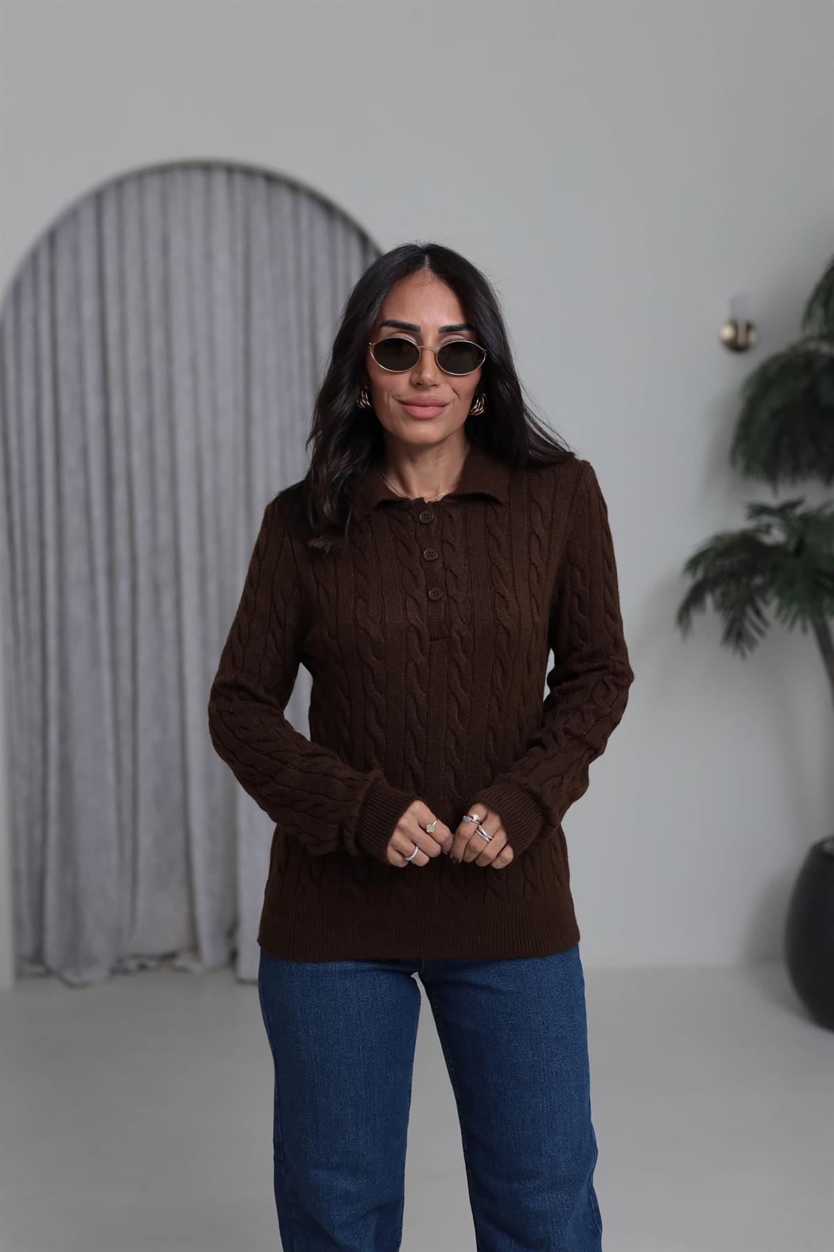 0145 Saç Örgü Polo Yaka Rahat Kazak KAHVE