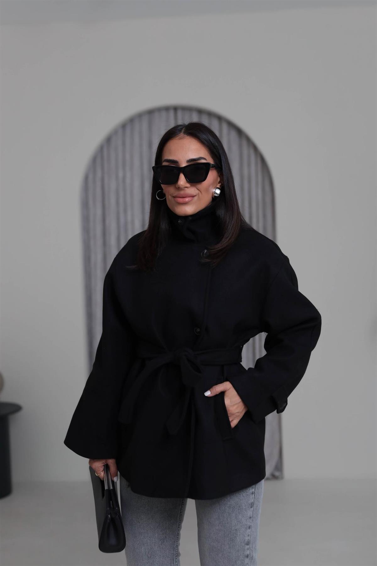 0646 Kuşaklı Yakalı Kaşe Kaban SİYAH