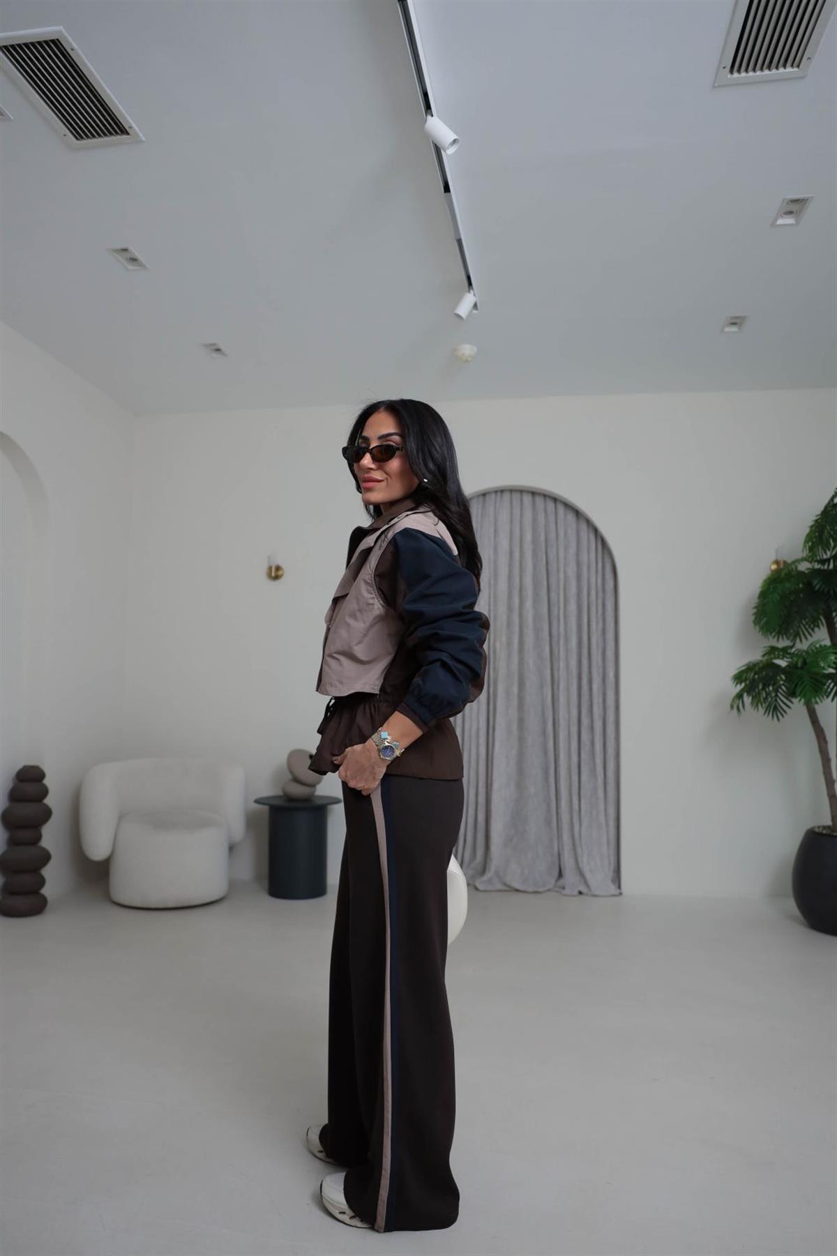 7063 Dik Yaka Çıtçıtlı Paraşüt Kumaş Eşofman Takımı KAHVE