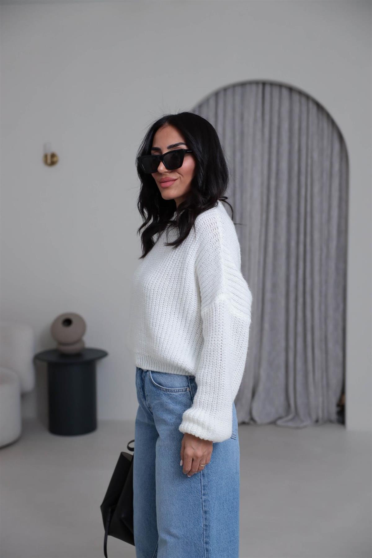 3579 Bisiklet Yaka Örme Oversize Kısa Kazak EKRU