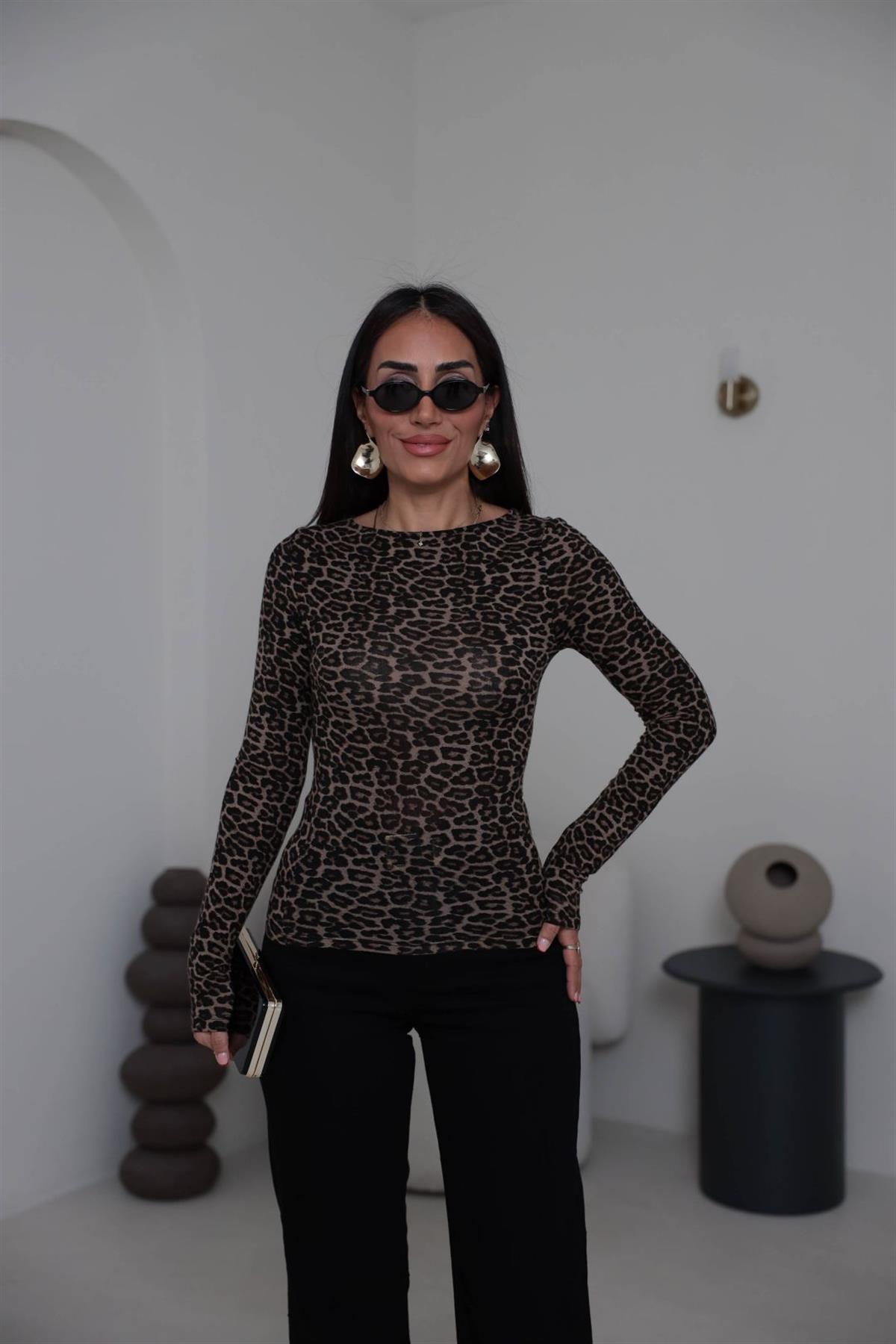 2206 Kayık Yaka Uzun Kol Leopar Bluz LEOPAR KAHVE