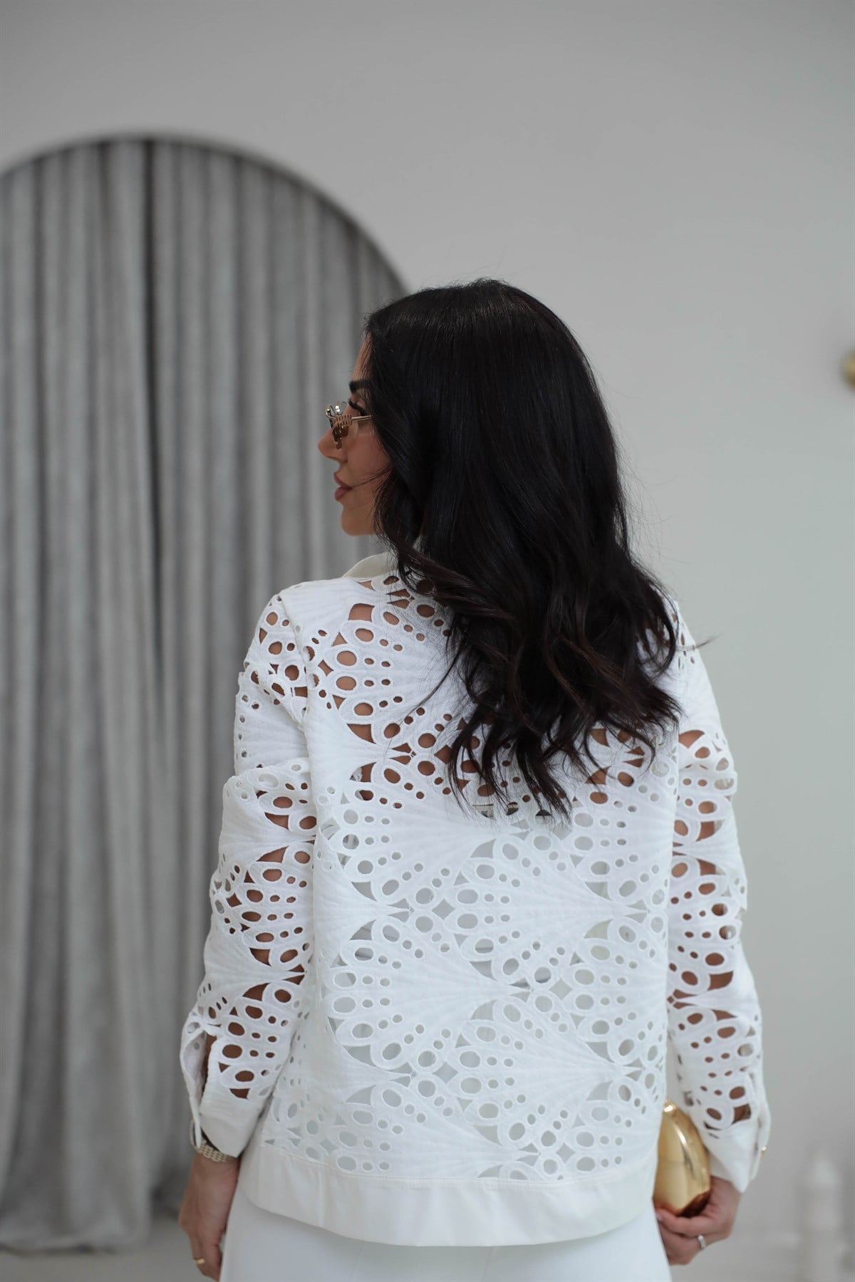 Gold Düğmeli Poplin Garnili Dantelli Ceket BEYAZ