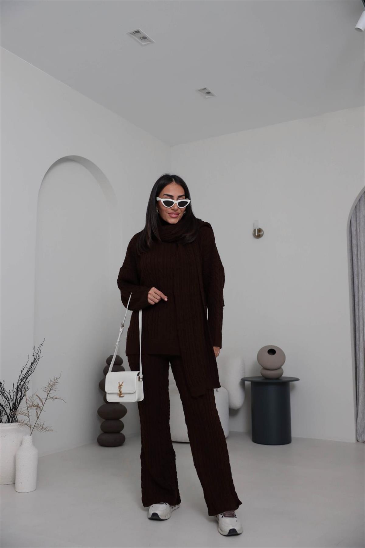 2464 Şal Detaylı Üçlü Triko Takım KAHVE