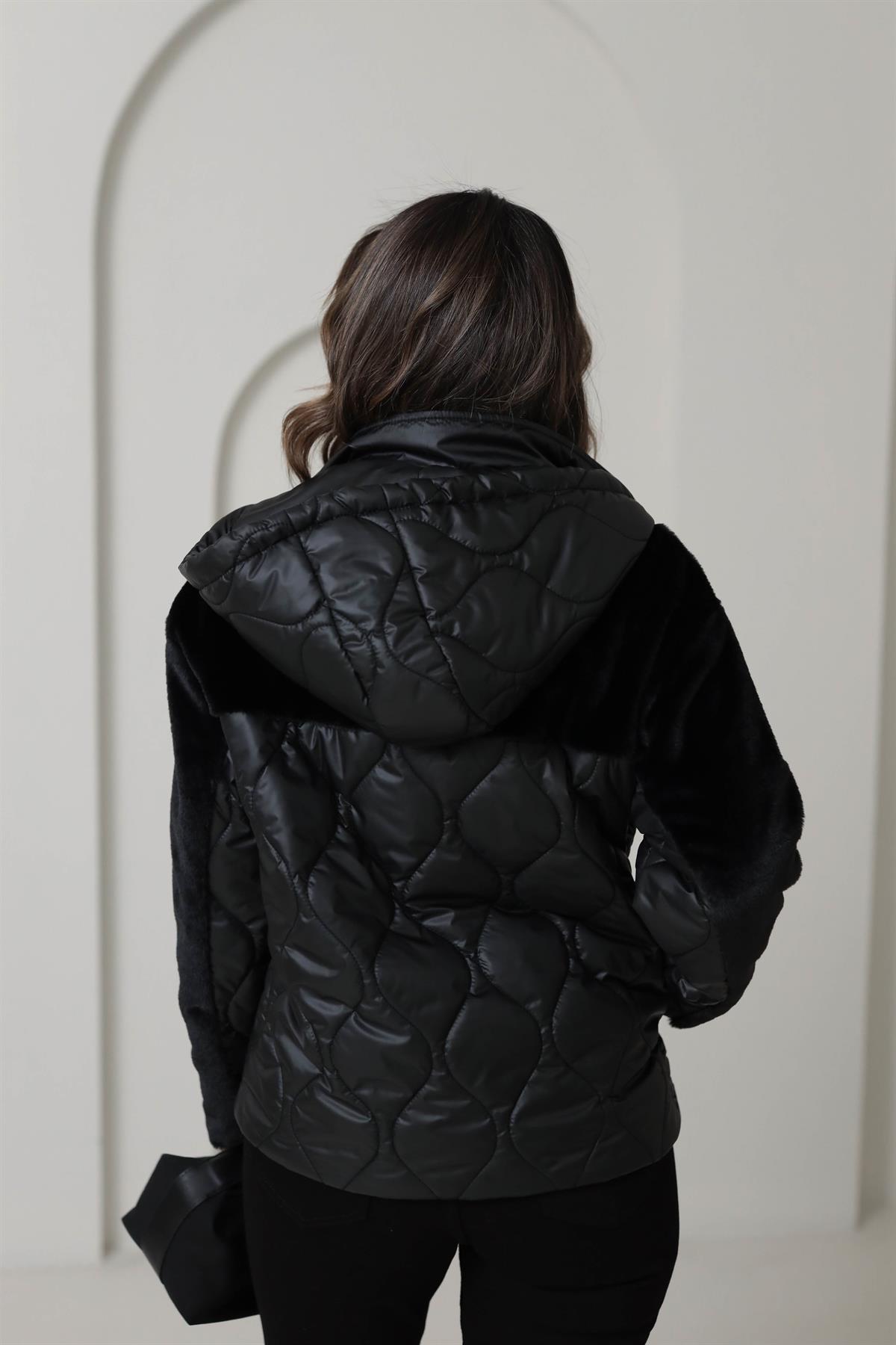 M09 Kürk Garnili Kapşonlu Kapitone Mont SİYAH