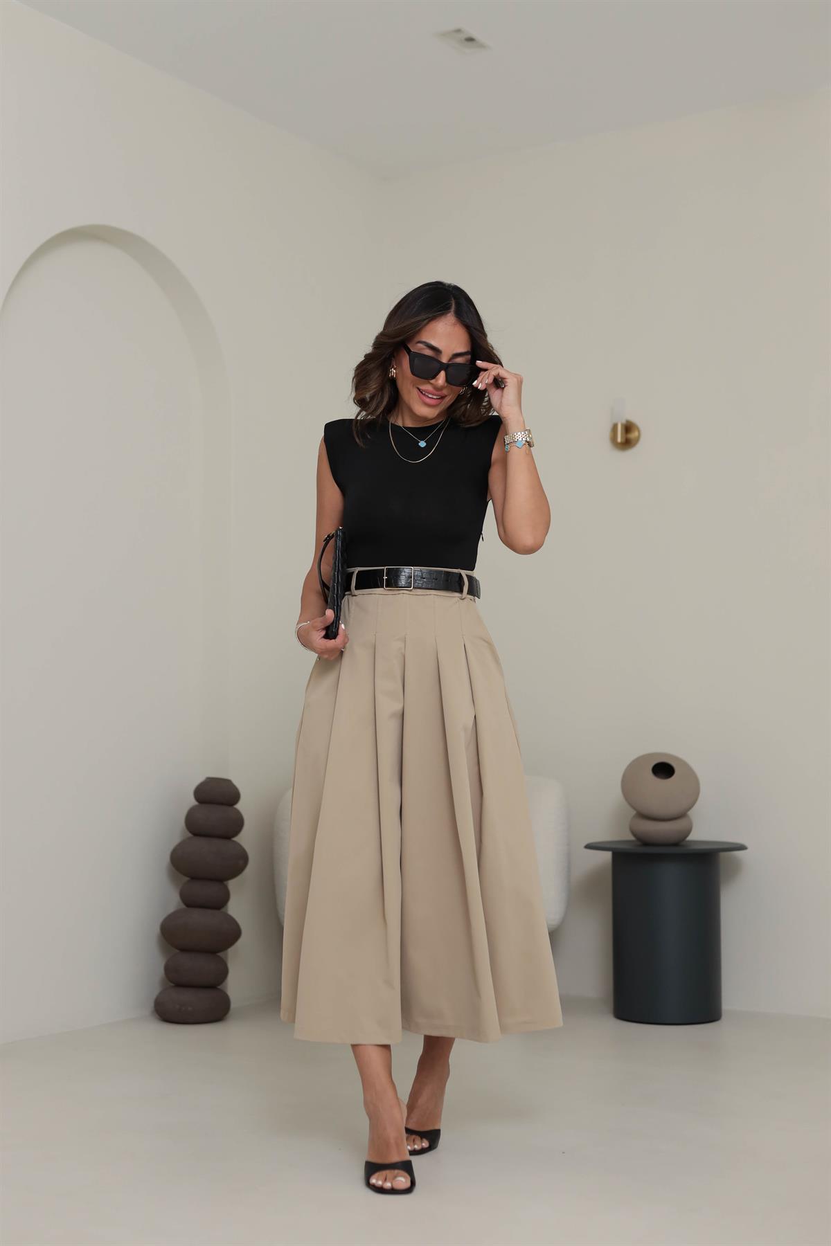 6340 Vatkalı Kemerli Kontast Elbise SİYAH-BEJ