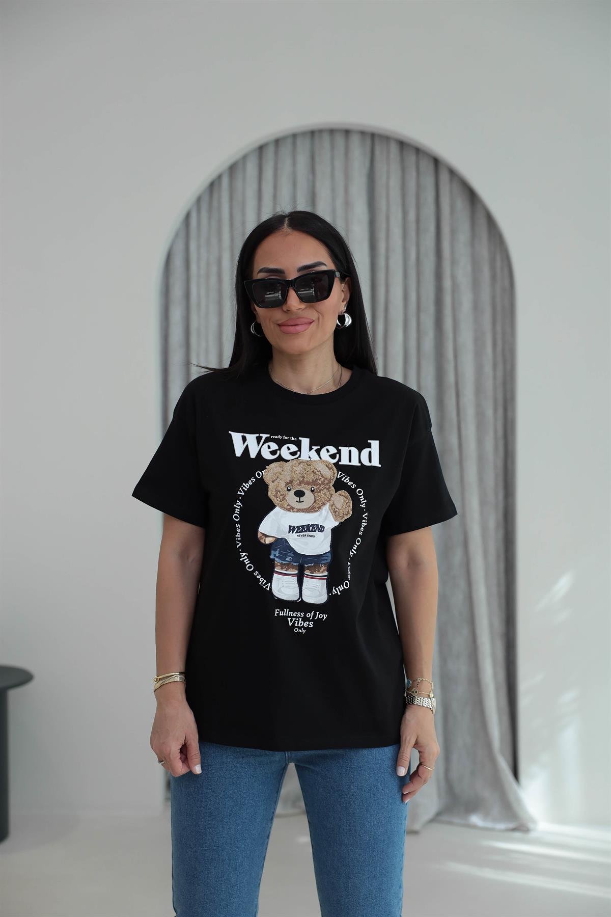 7514 Bisiklet Yaka Teddy Aplikeli Tshirt SİYAH