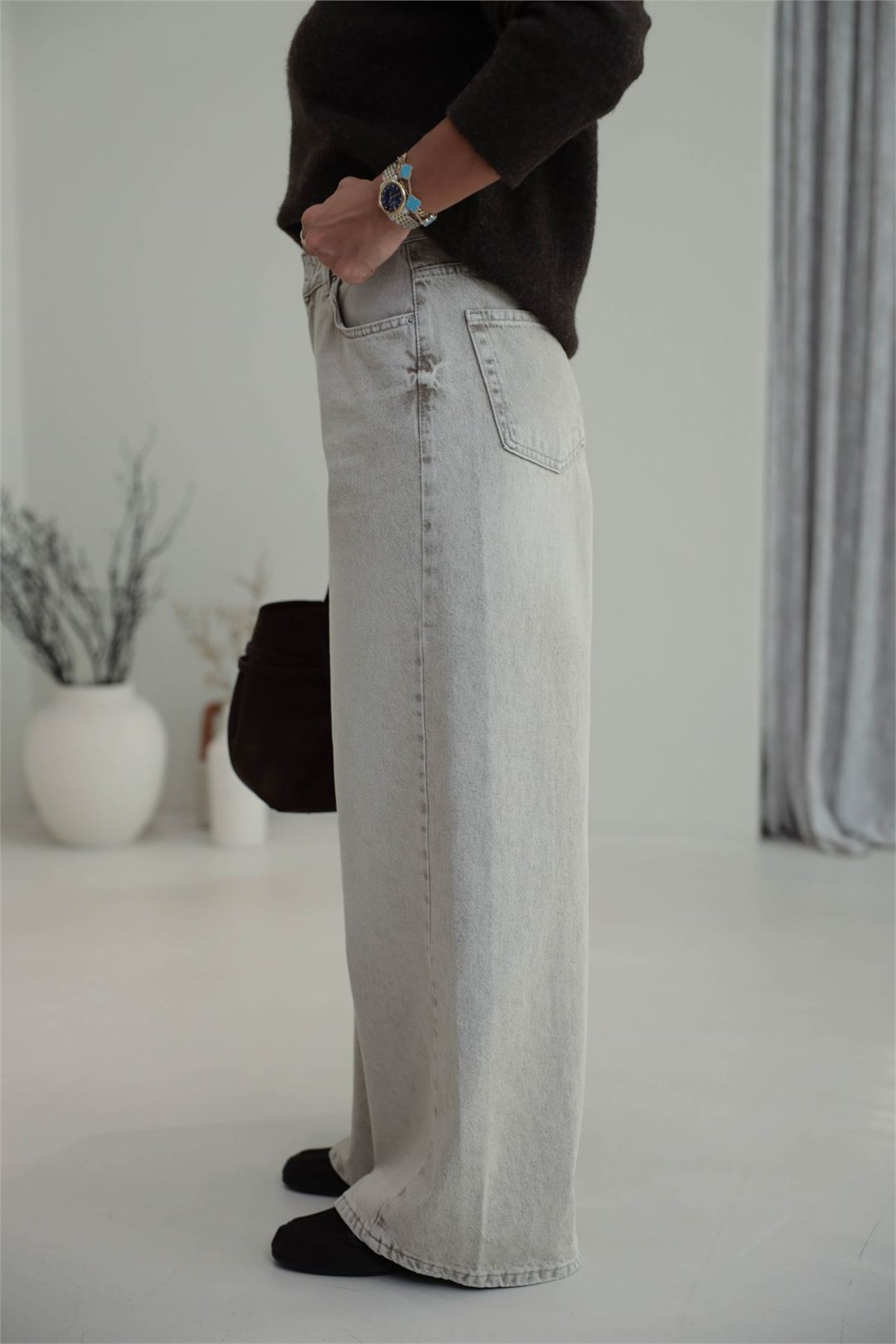 1020 Renk Yıkama Detaylı Wide Leg Denim Pantolon BEJ