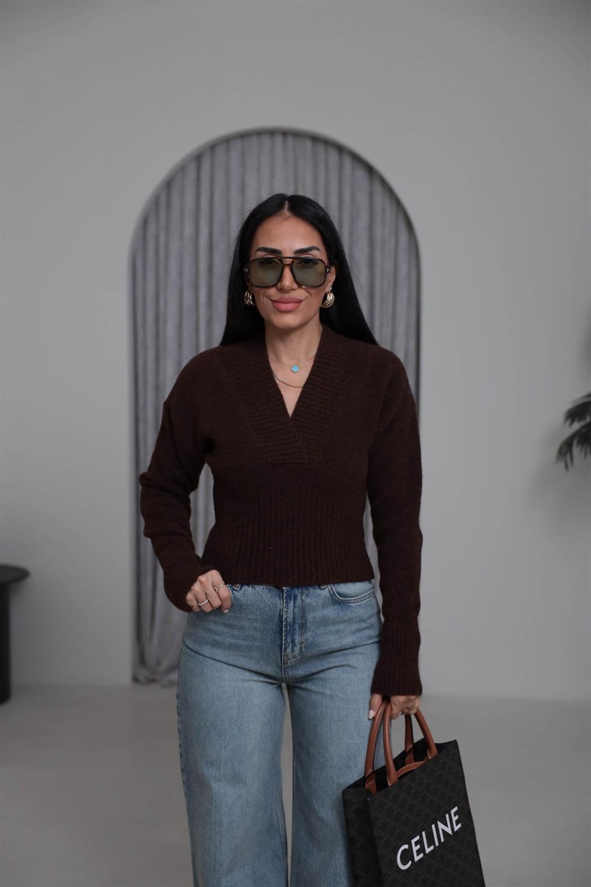 5080 Yaka Detaylı Yumoş Triko ACI KAHVE