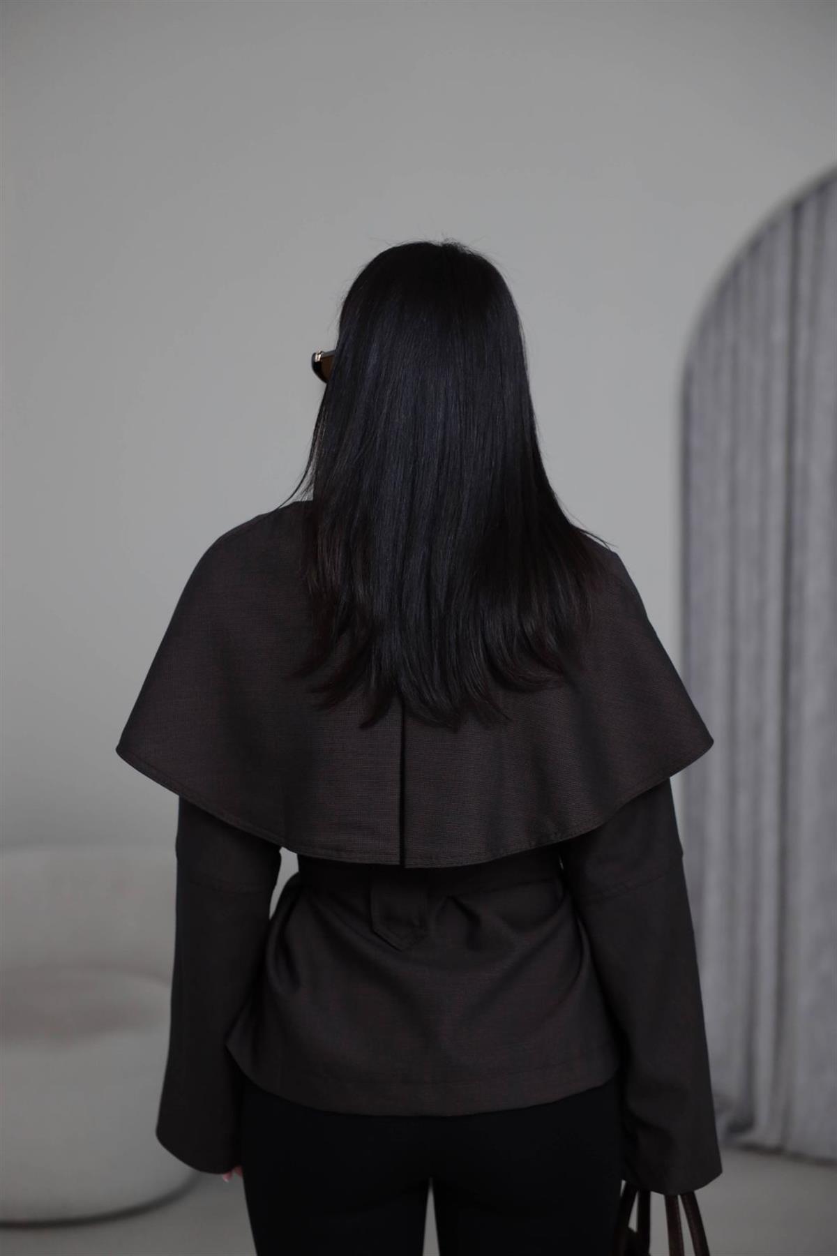 6954 Pelerinli Kuşaklı Fermuarlı Ceket ACI KAHVE