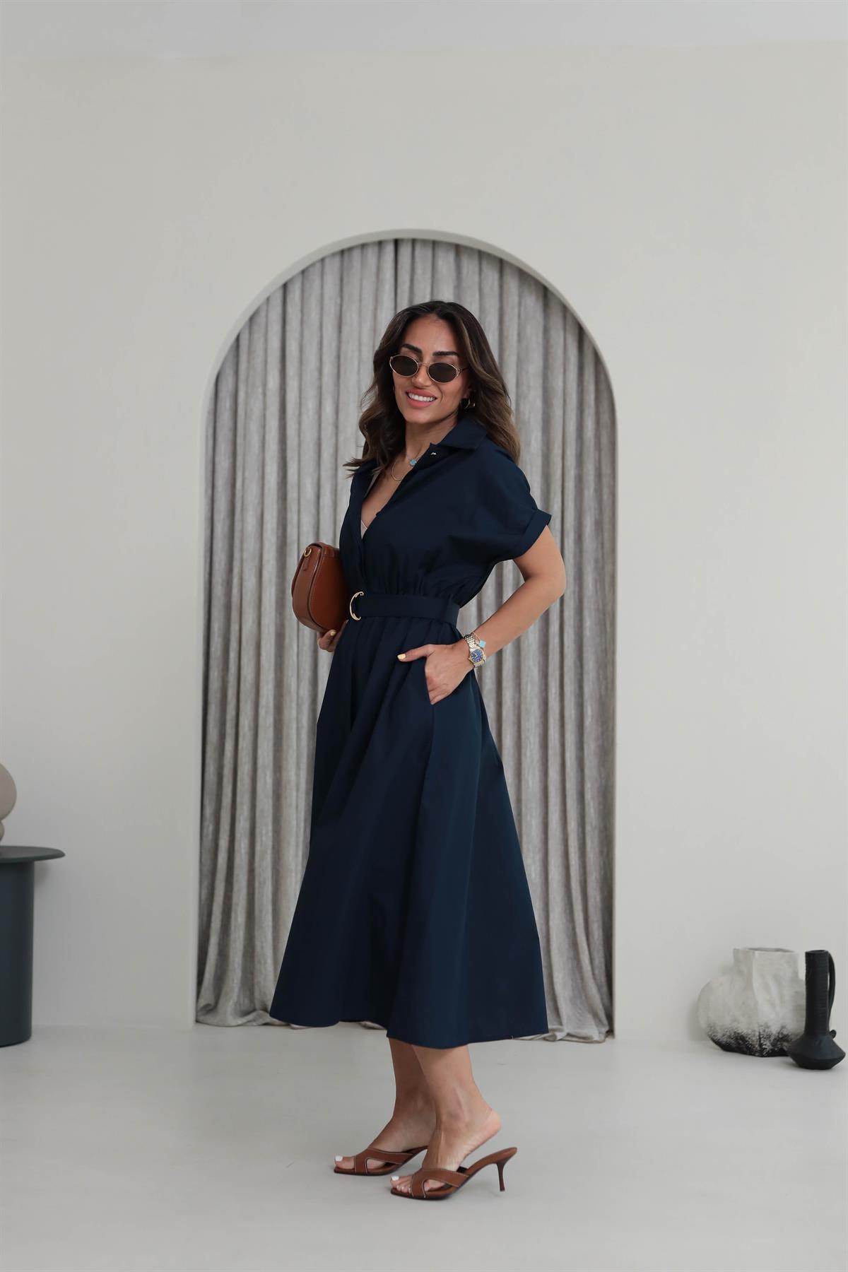02075 Kısa Kol Kemerli Gömlek Elbise LACİVERT