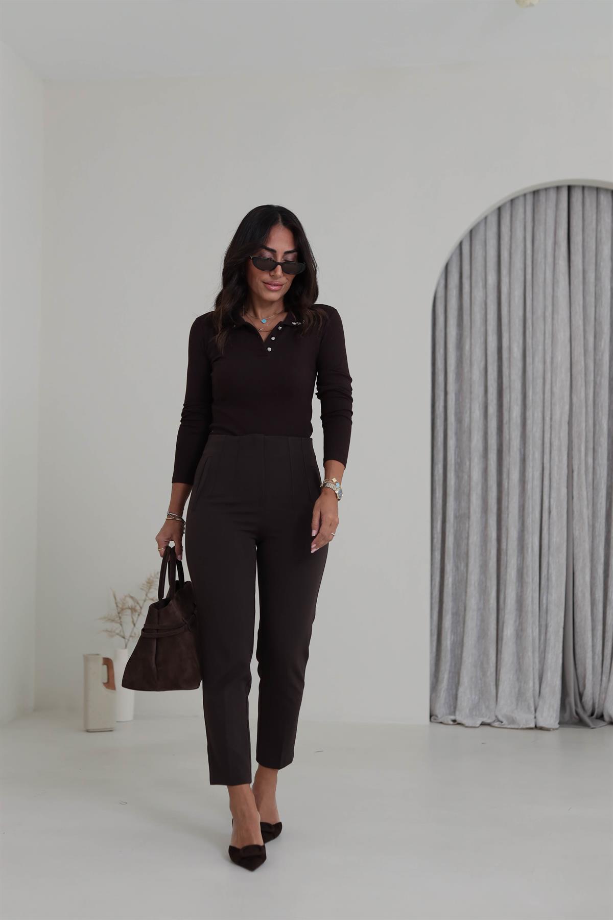 U5113-K Önü Flotalı Kumaş Pantolon KAHVE