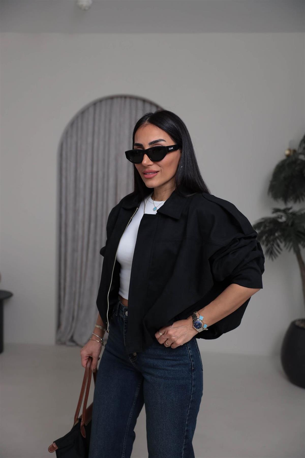 0493 Gömlek Yaka Apoletli Süet Bomber SİYAH