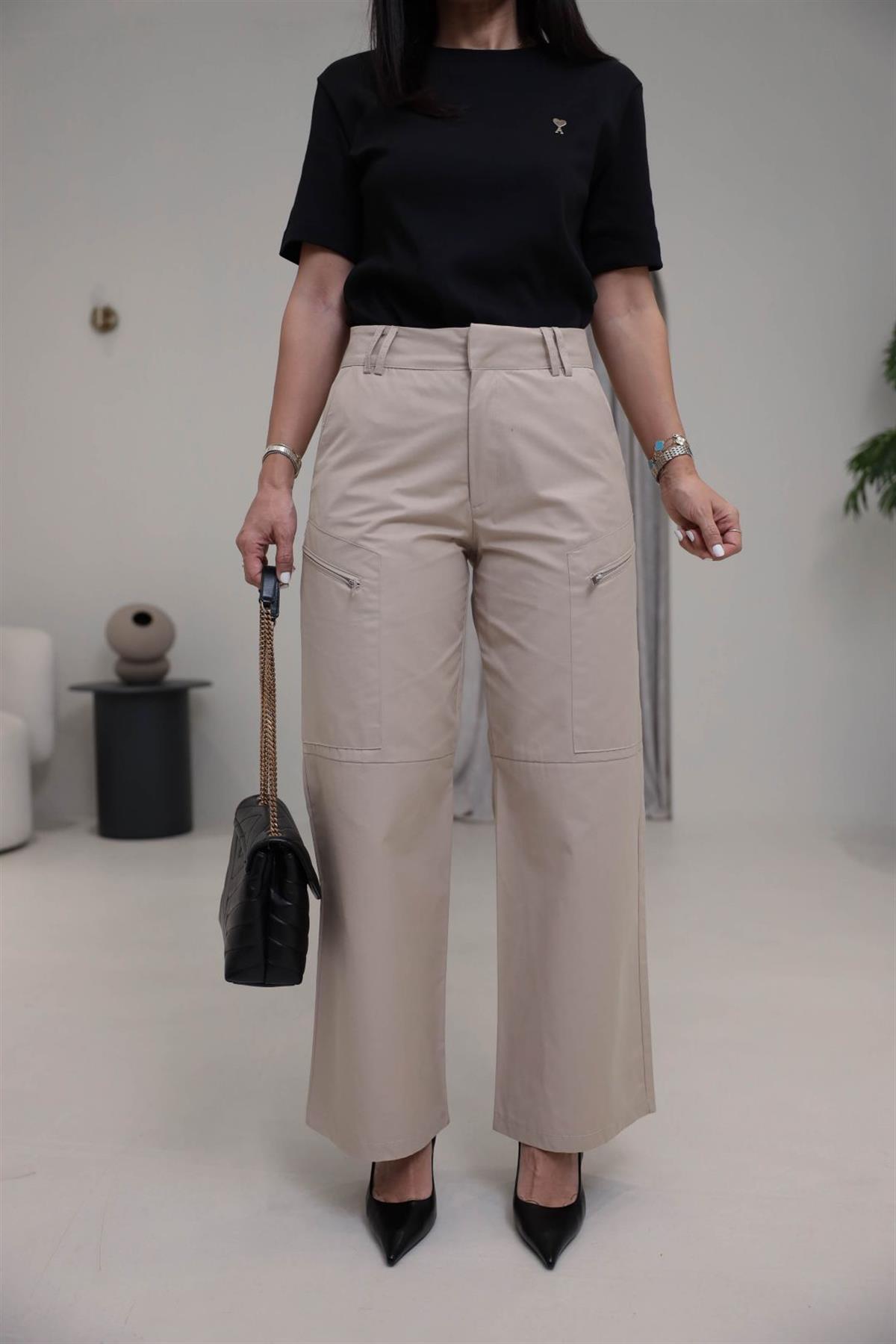 Geniş Paça Fermuar Cepli Kargo Pantolon BEJ