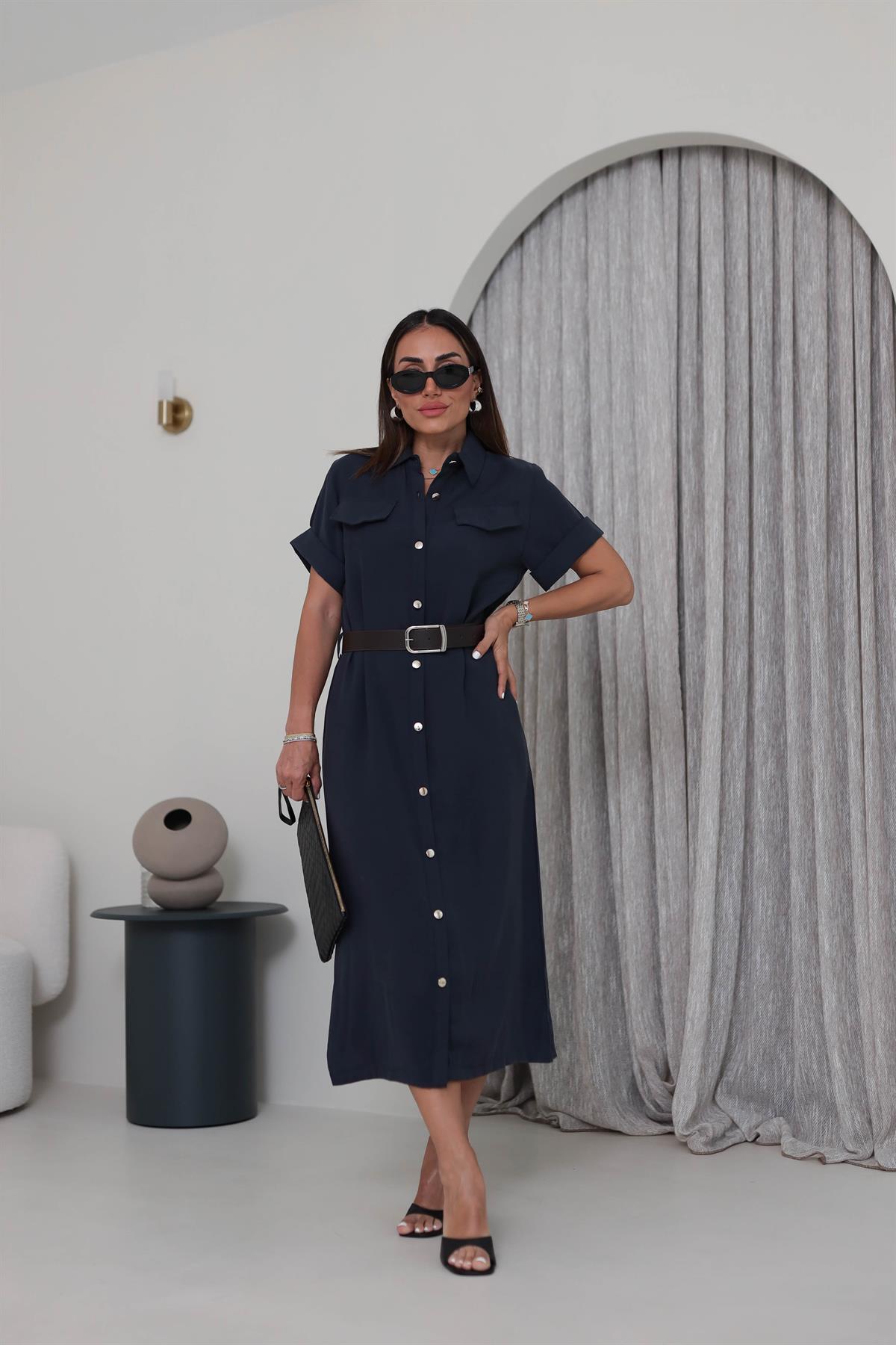 0334 Gold Düğmeli Kemerli Tencel Gömlek Elbise FÜME