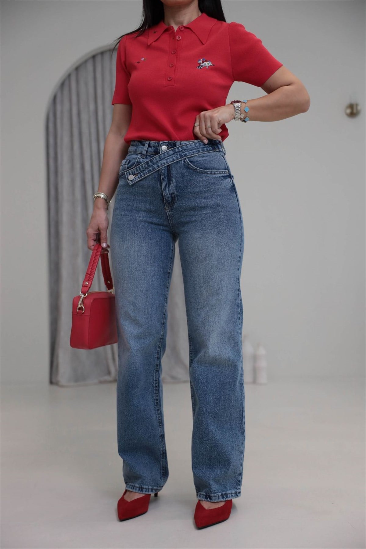 1035 Asimetrik Kemerli Denim Pantolon MAVİ