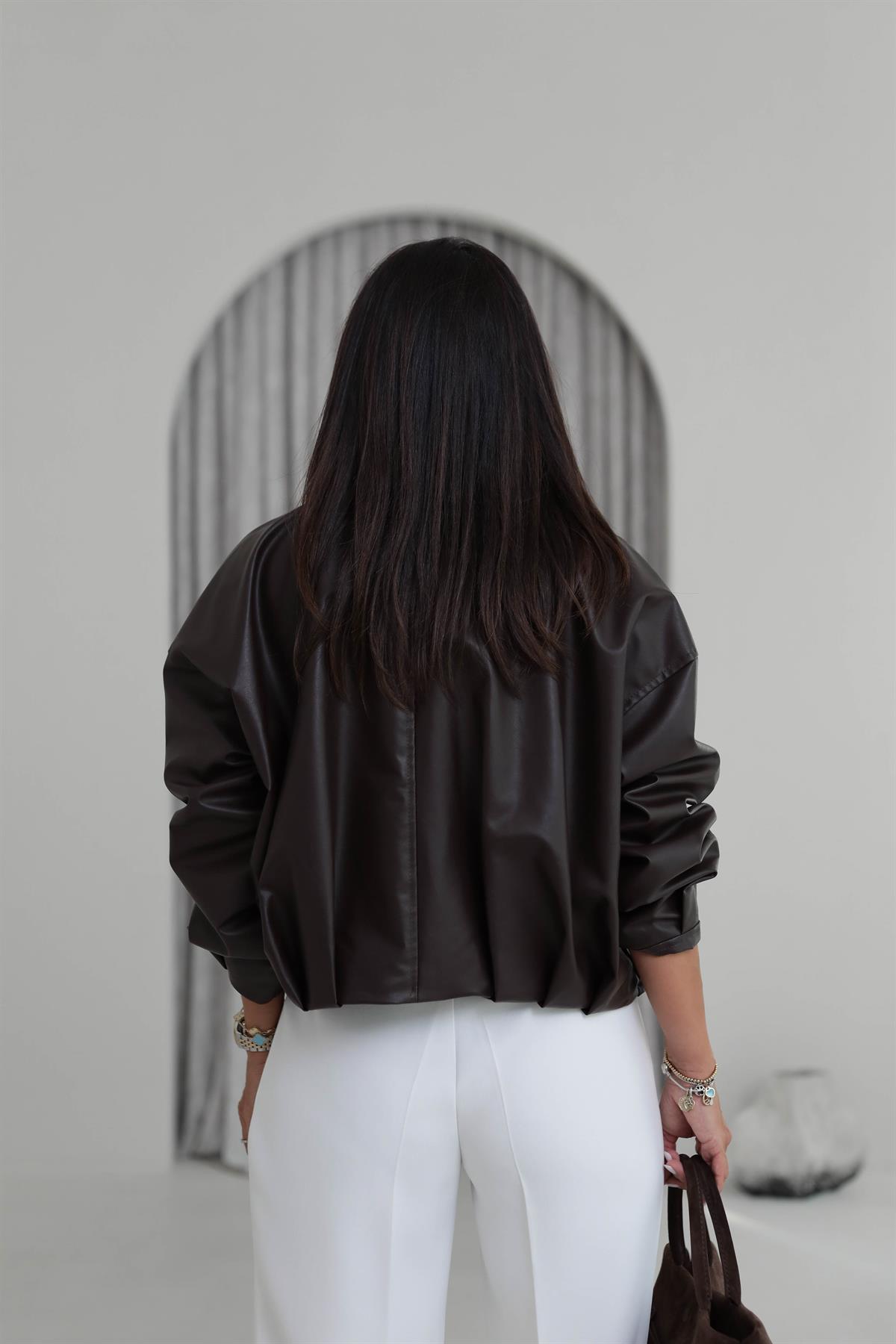 3137 Kemer Detaylı Fermuarlı Deri Ceket ACI KAHVE