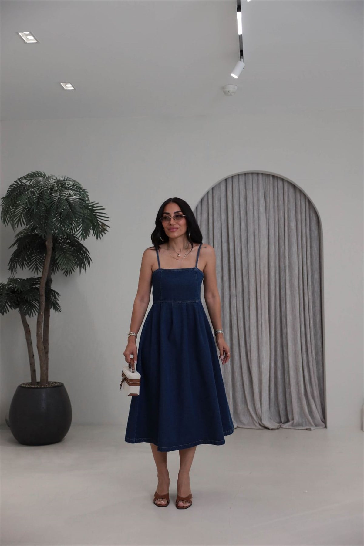 811 İp Askılı Denim Elbise KOYU MAVİ