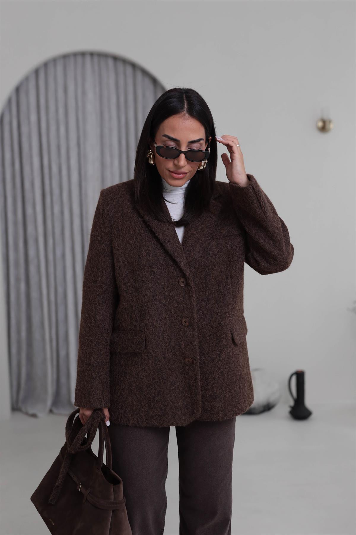 7368 Kuşak Detaylı Blazer Kaşe Ceket ACI KAHVE