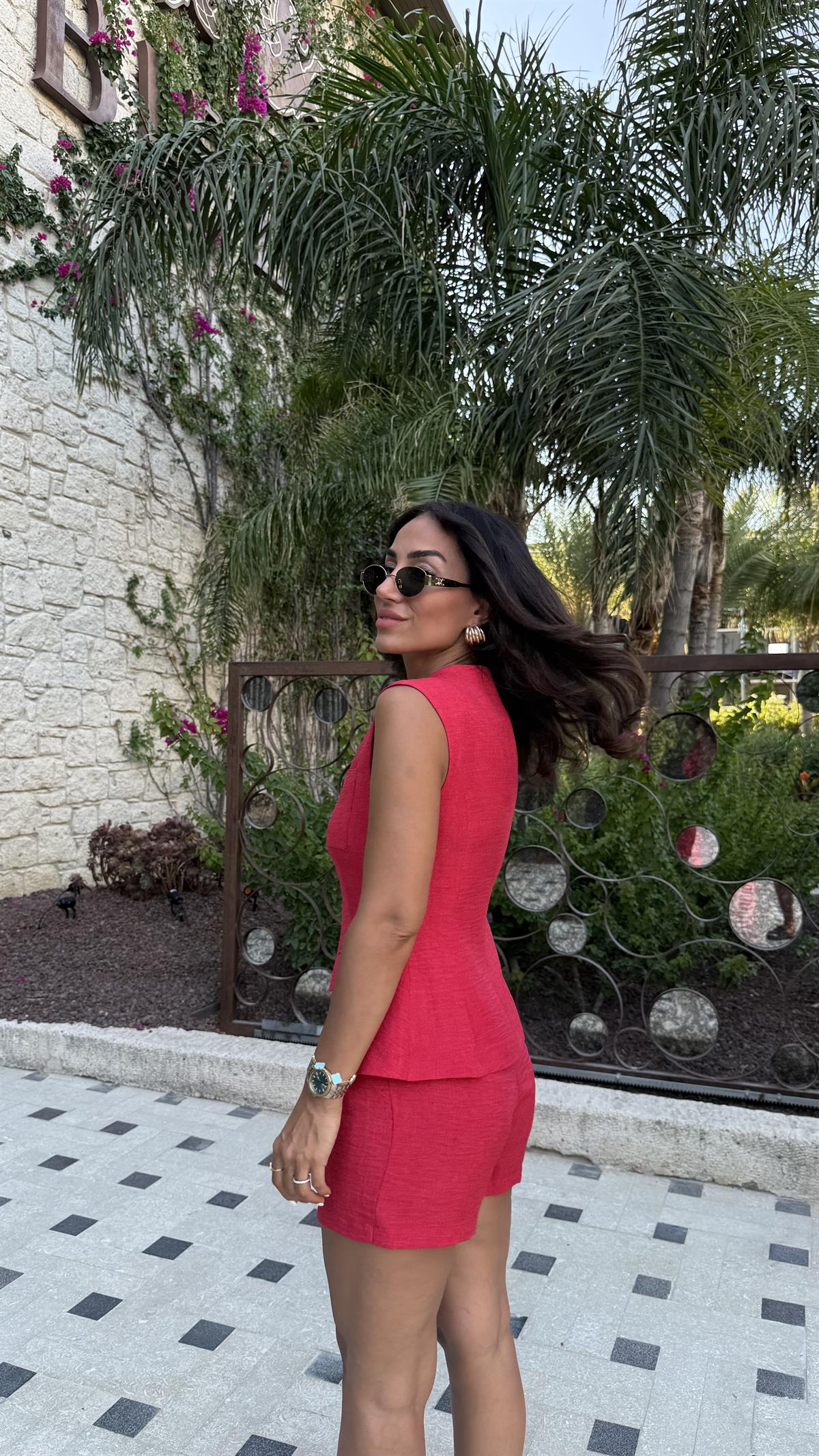 0284 Düğme Detaylı Dokuma Yelek & Şort Takım KIRMIZI