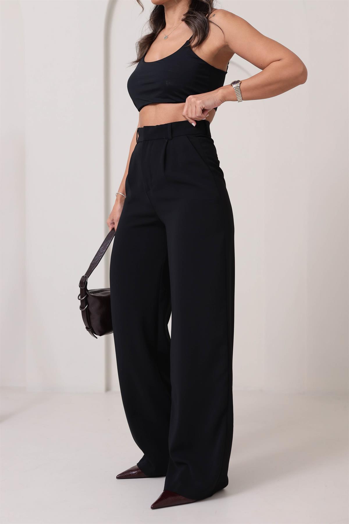 3317 Geniş Paça Detaylı Pantolon SİYAH