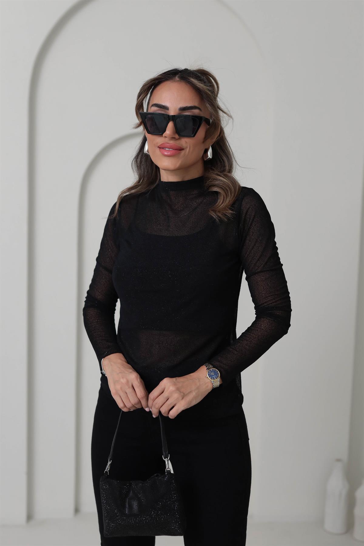 9406 Parıltılı Dik Yaka Transparan Bluz SİYAH