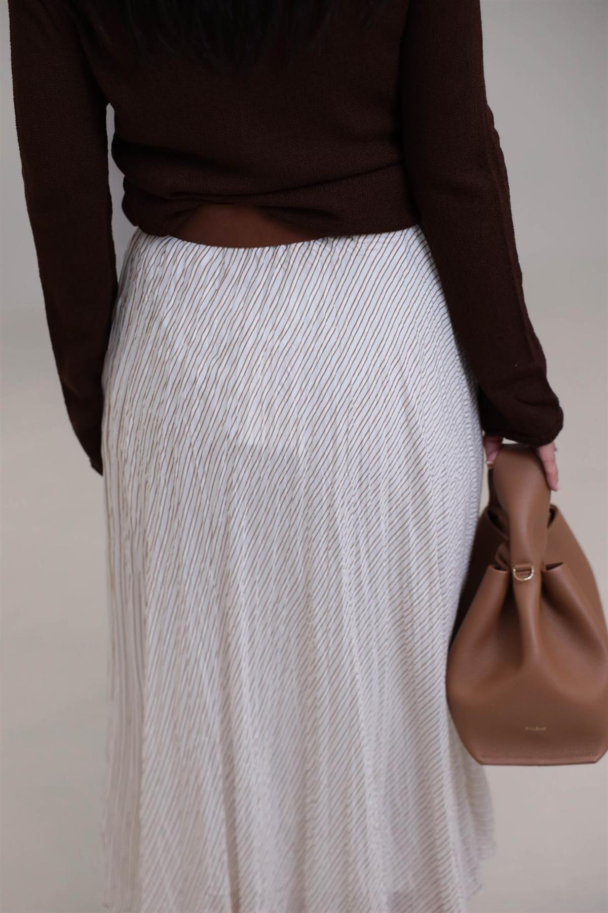 3379 Kemerli Çizgili Kraşlı Etek KREM