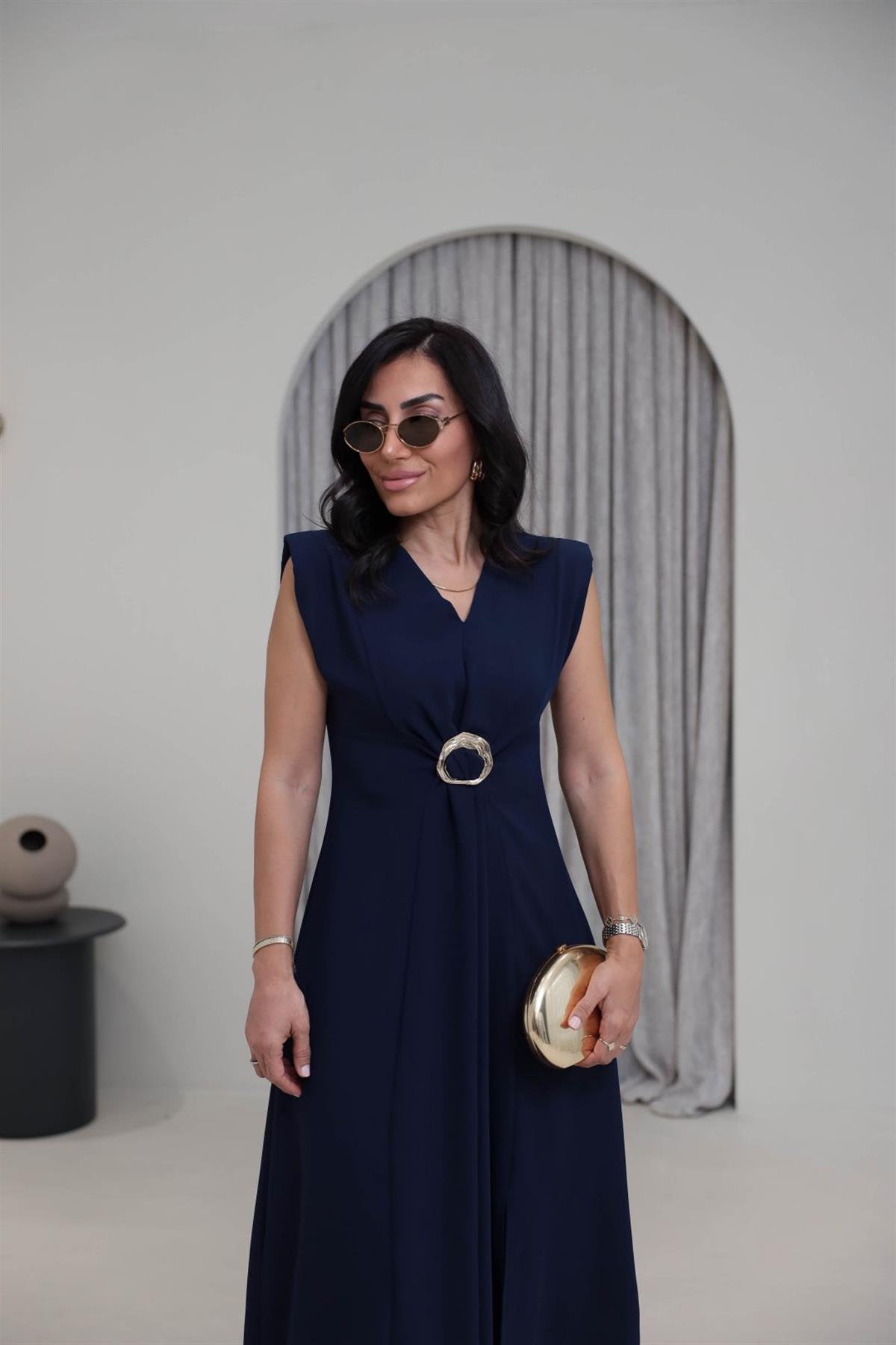 3865 V Yaka Gold Tokalı Maxi Elbise LACİVERT