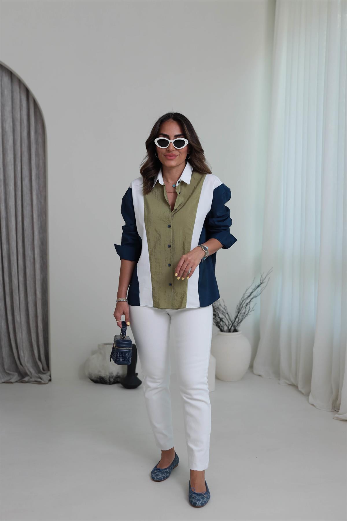 3021 Parçalı Tasarım Gömlek YAĞ YEŞİLİ