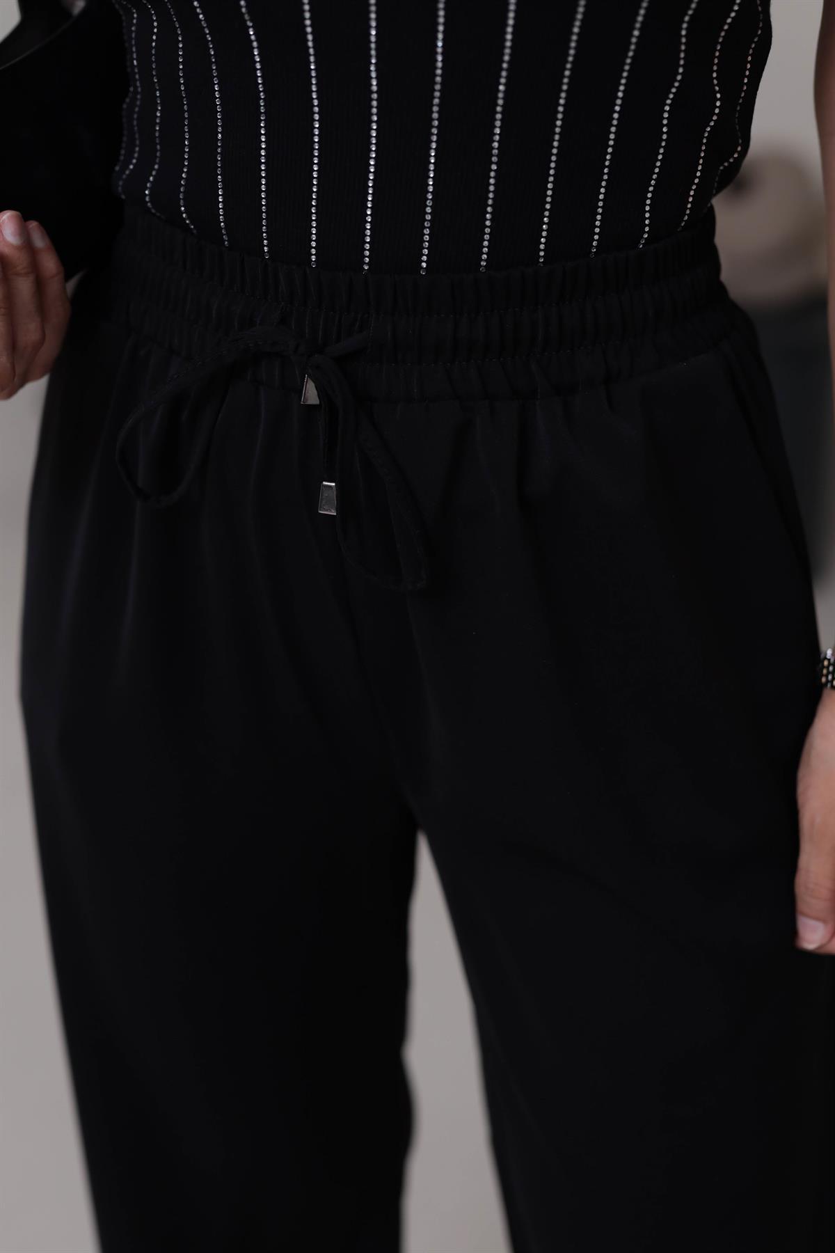 0858 Bel Lastikli Döküm Palazzo Pantolon SİYAH